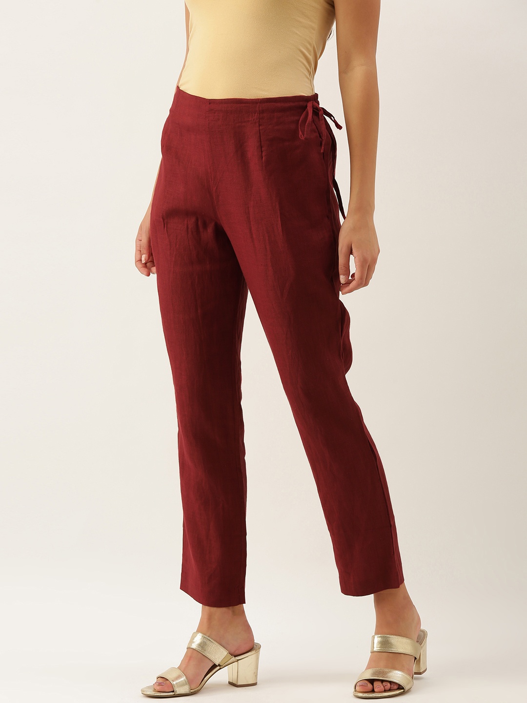 

OKHAI Women Maroon Pure Linen Solid Cropped Trousers