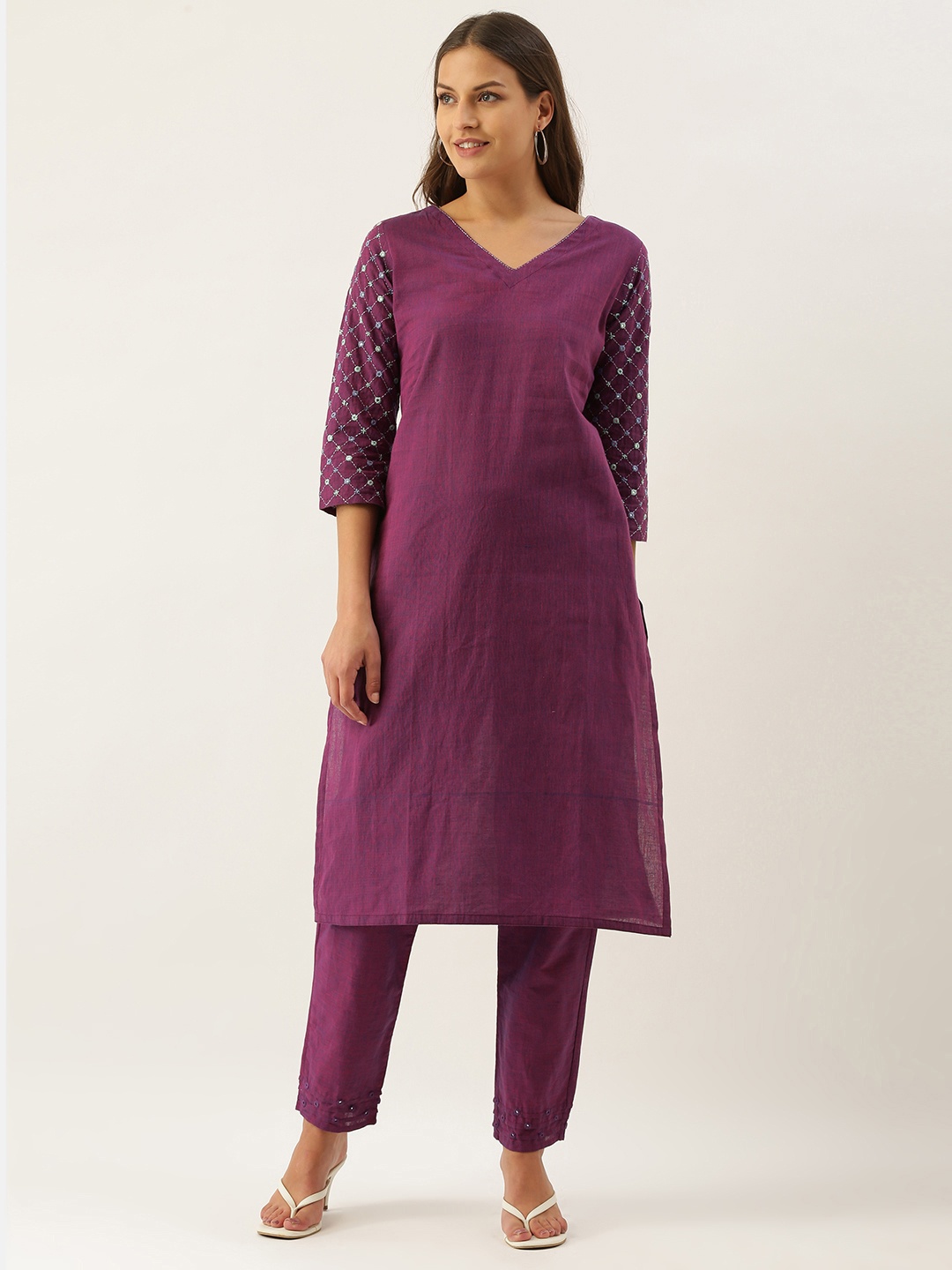 

OKHAI Women Purple Pure Cotton Mirror Work Kurta with Trousers