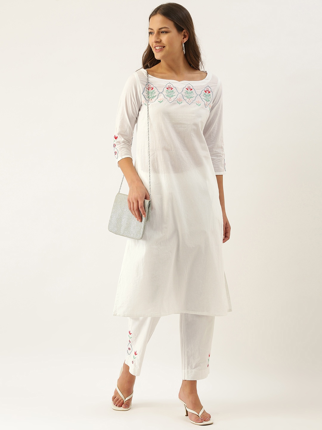 

OKHAI Women White Yoke Design Thread Work Pure Cotton Kurta with Trousers