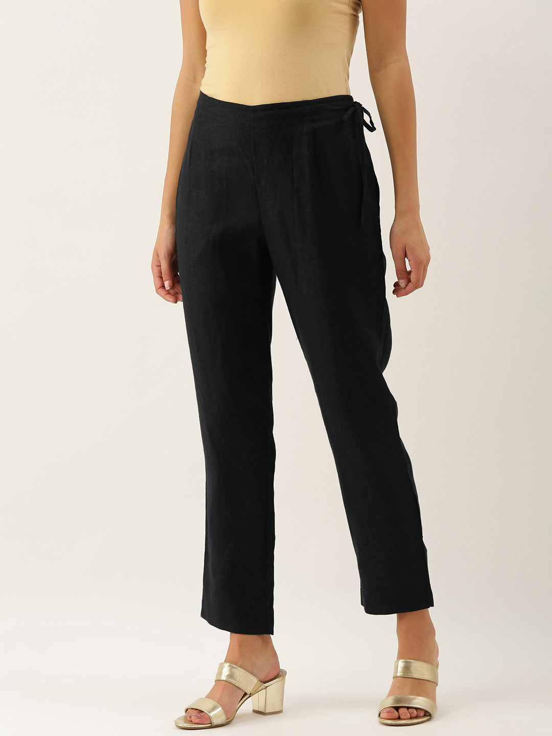 

OKHAI Women Black Pure Linen Solid Cropped Trousers