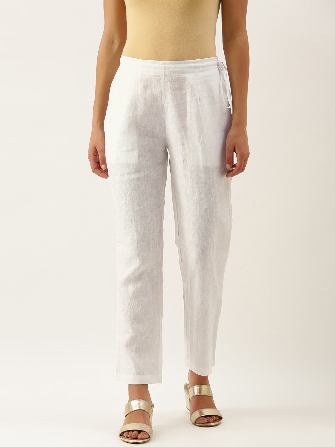 

OKHAI Women White Pure Linen Solid Cropped Trousers