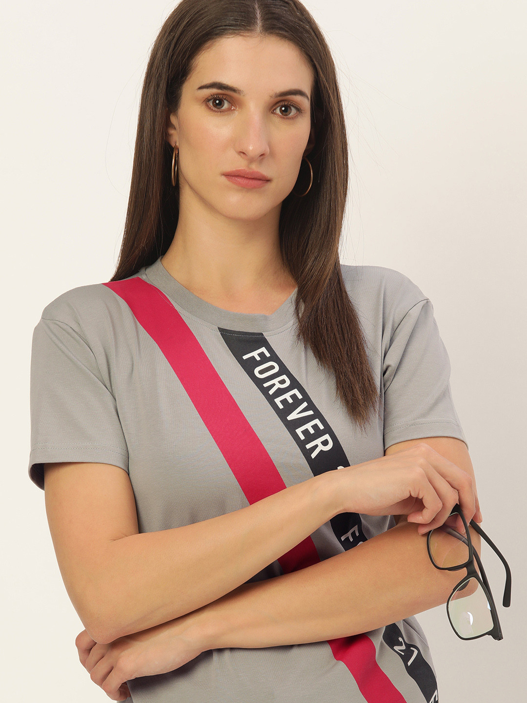 

FOREVER 21 Natural Grey Brand Logo Printed Round Neck Regular Sleeves Top