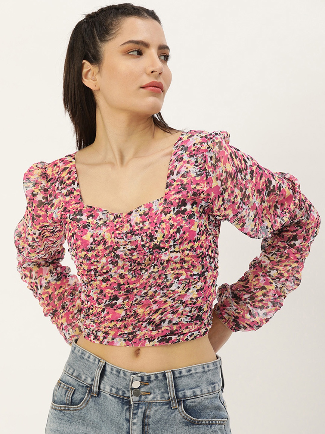 

FOREVER 21 Multicoloured Print Sweetheart Neck Ruched Styled Back Crop Top, Multi