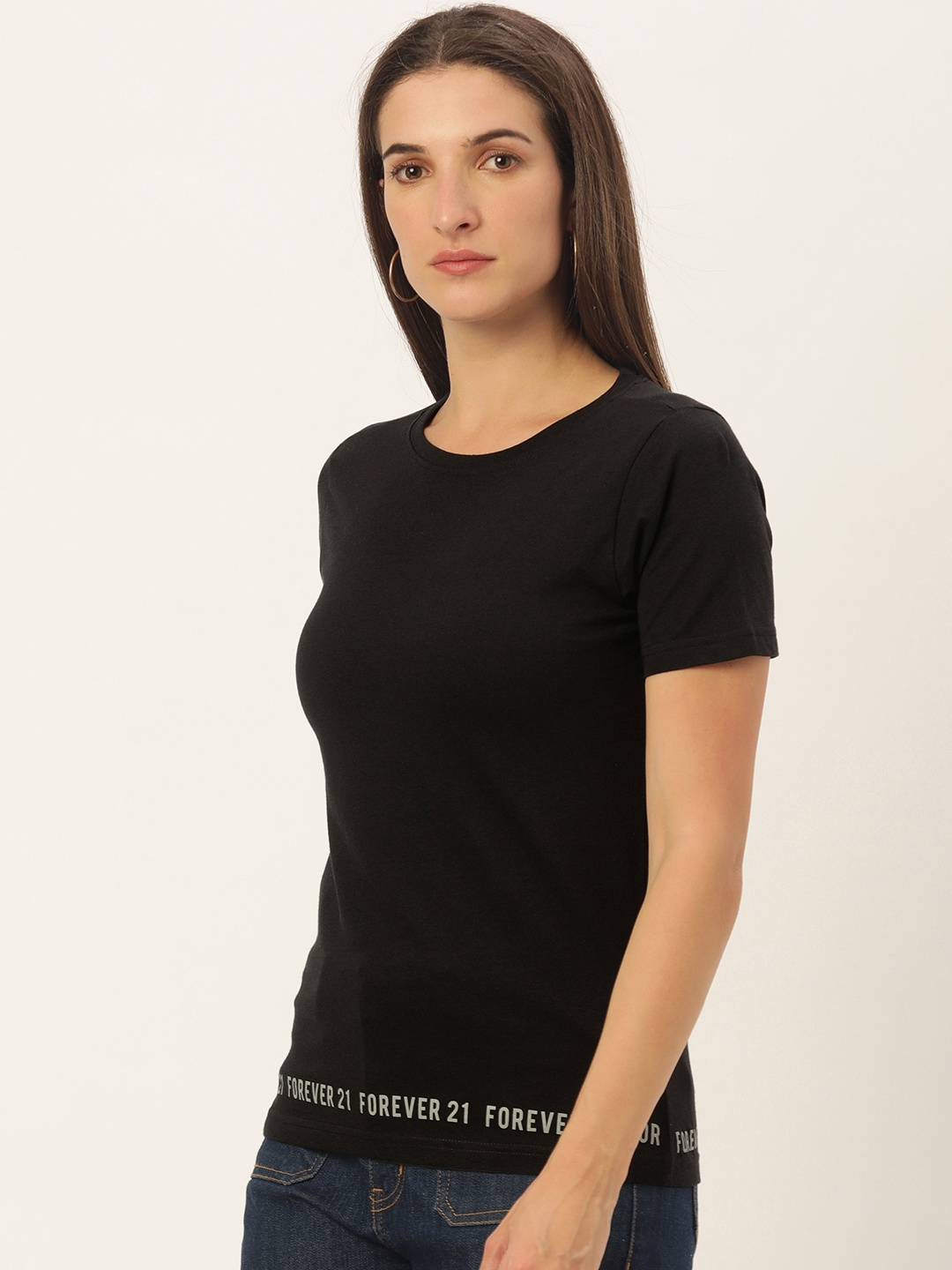 

FOREVER 21 Jet Black Solid Round Neck Regular Sleeves Top