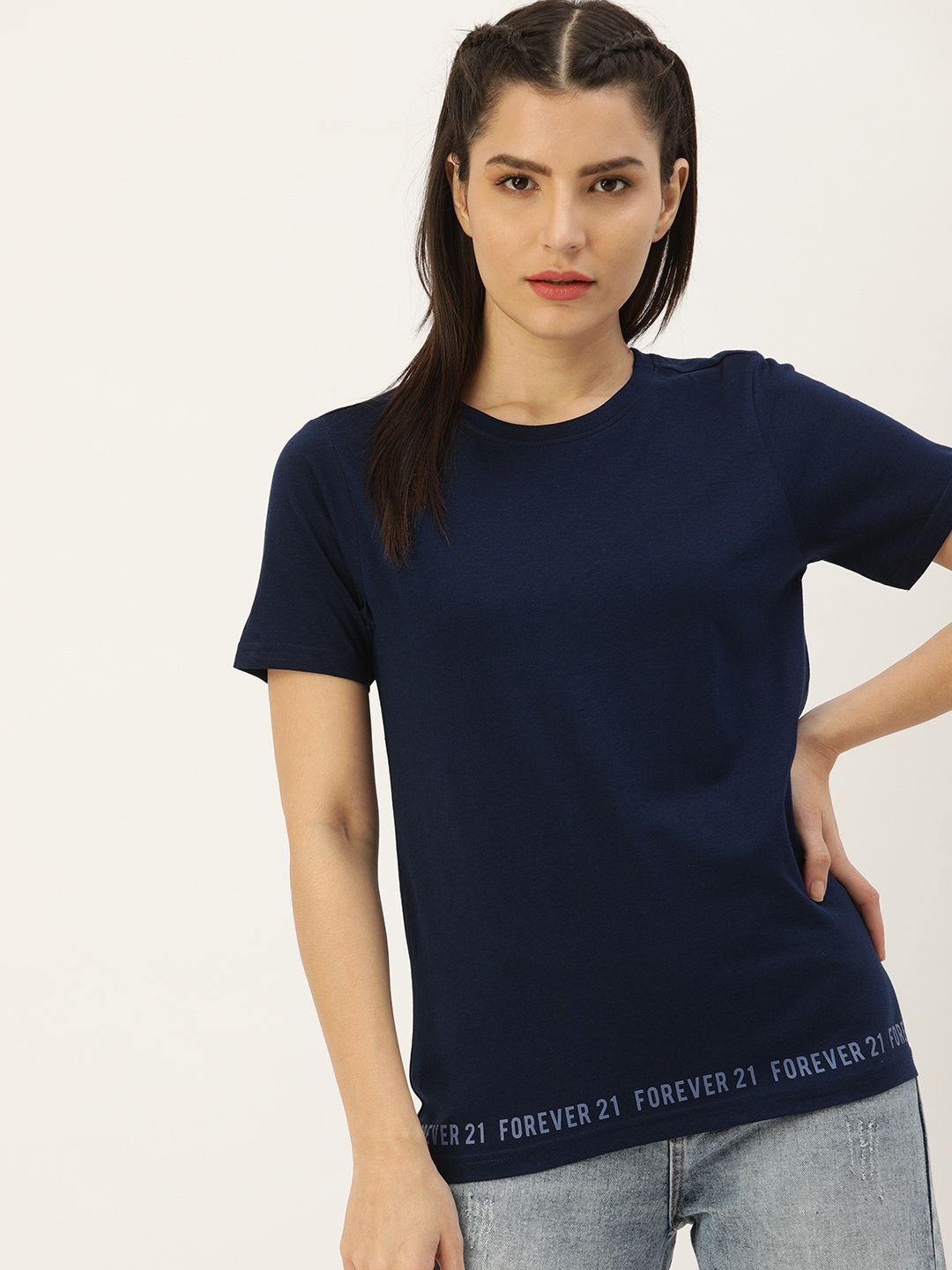 

FOREVER 21 Navy Blue Brand Logo Placement Print Top