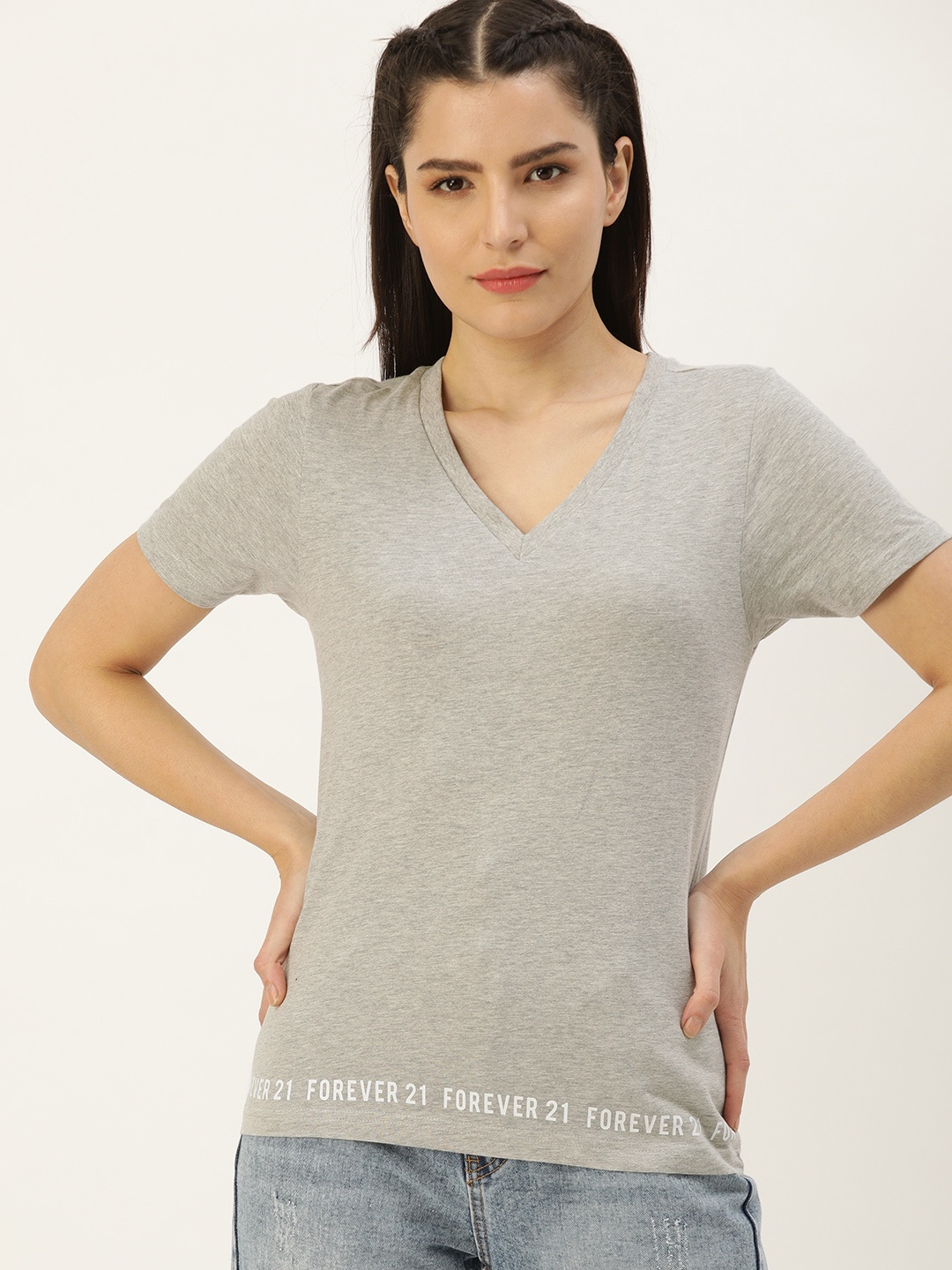 

FOREVER 21 Grey Melange Brand Logo Placement Print Top