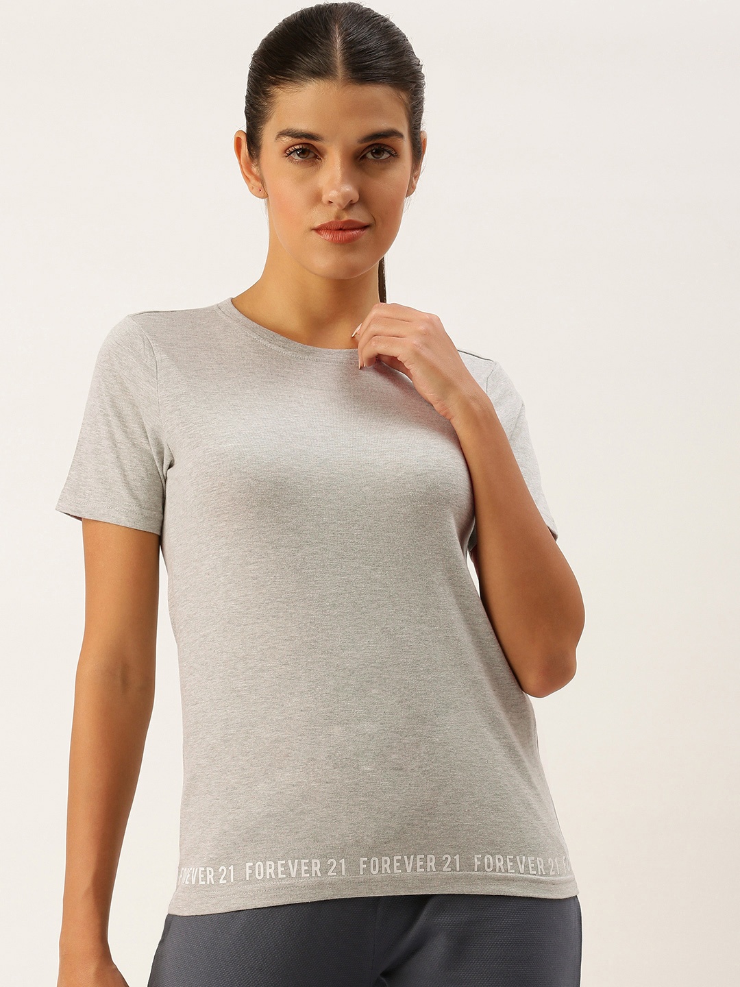 

FOREVER 21 Women Grey Melange Solid Top