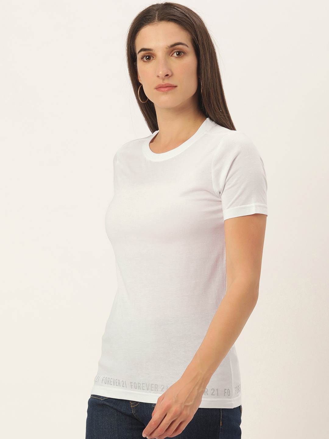 

FOREVER 21 Bright White Solid Round Neck Regular Sleeves Top