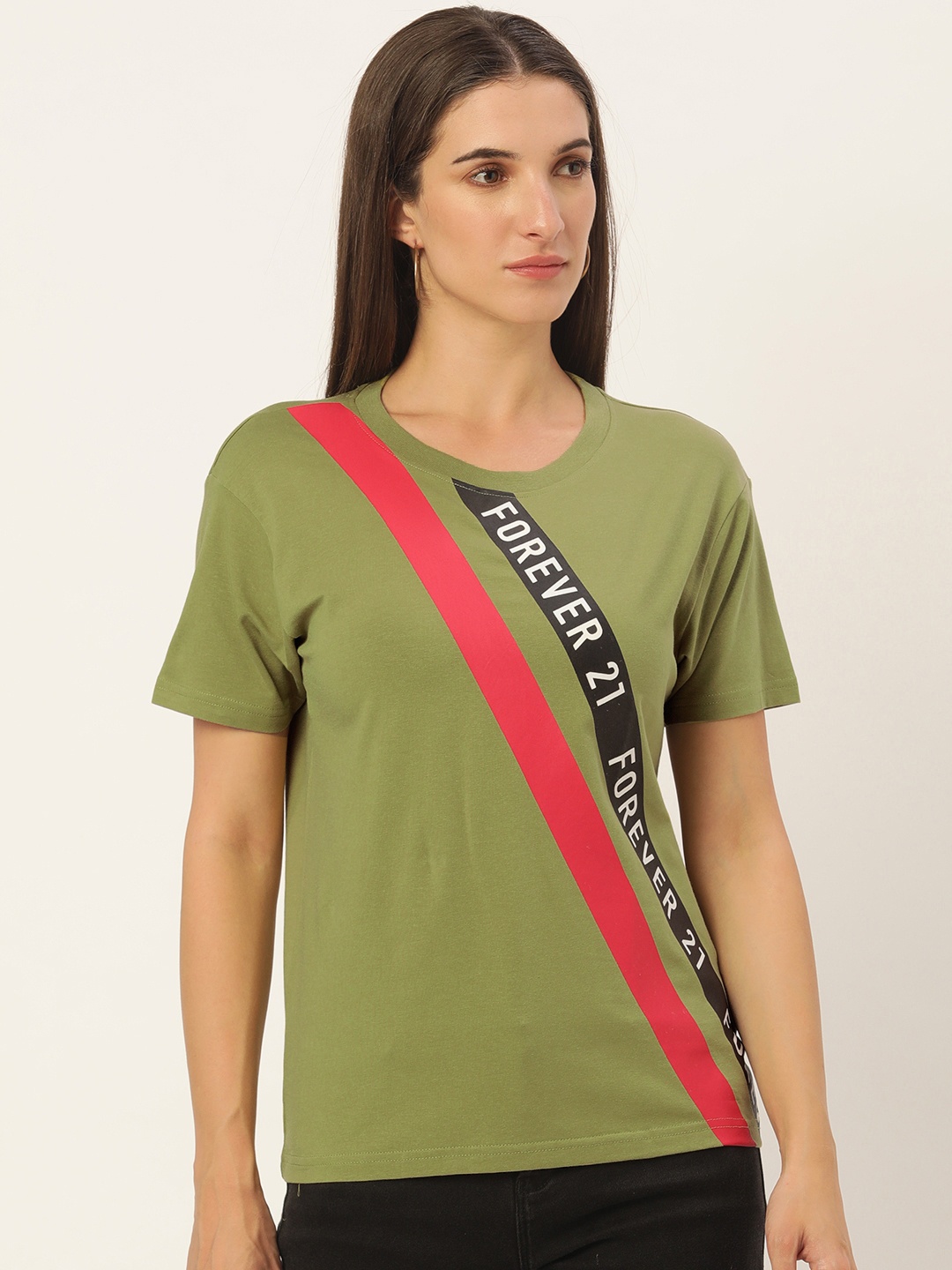 

FOREVER 21 Olive Green Brand Logo Printed Round Neck Extended Sleeves Regular Top
