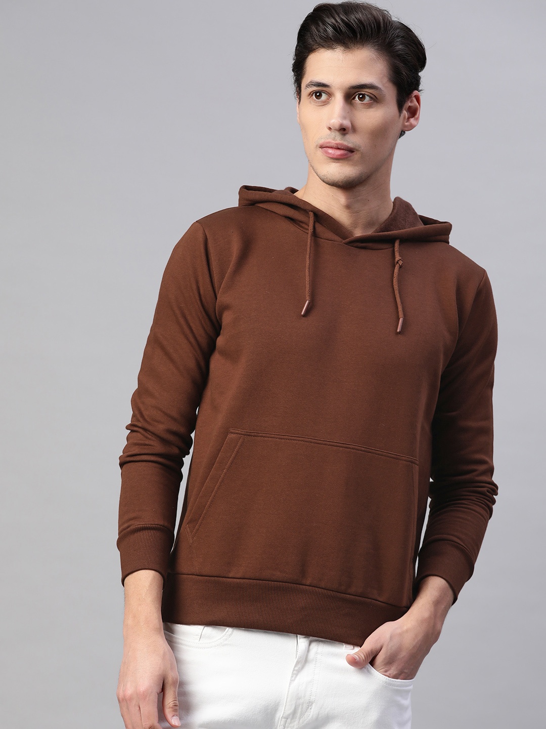 

PICOT Men Brown Solid Hooded Sweatshirt