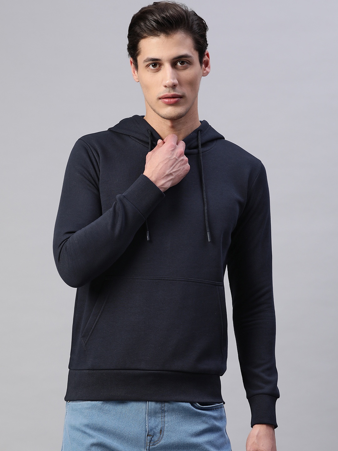 

PICOT Men Navy Blue Solid Hooded Sweatshirt