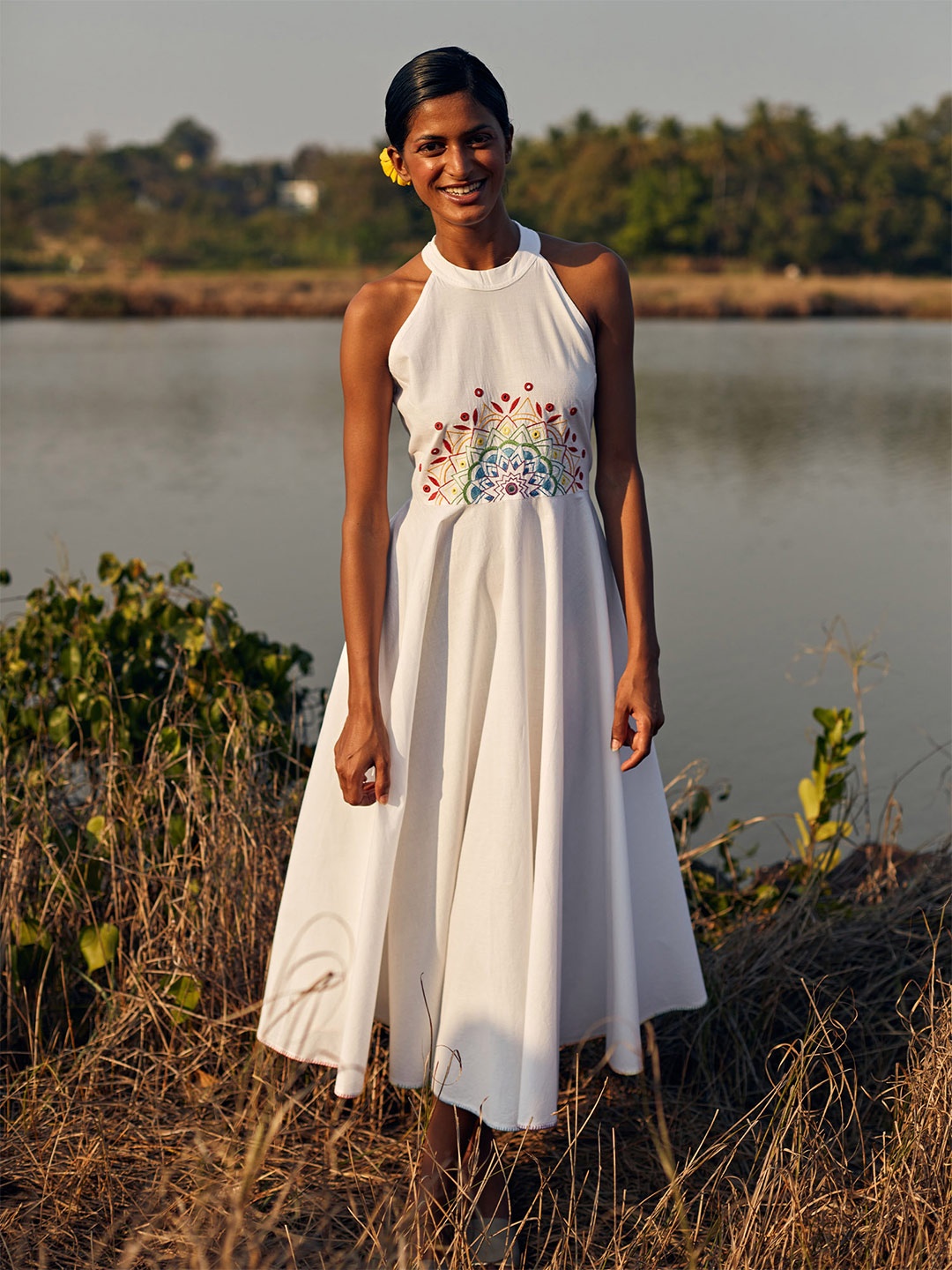 

OKHAI White Pure Cotton Embroidered A-Line Midi Dress