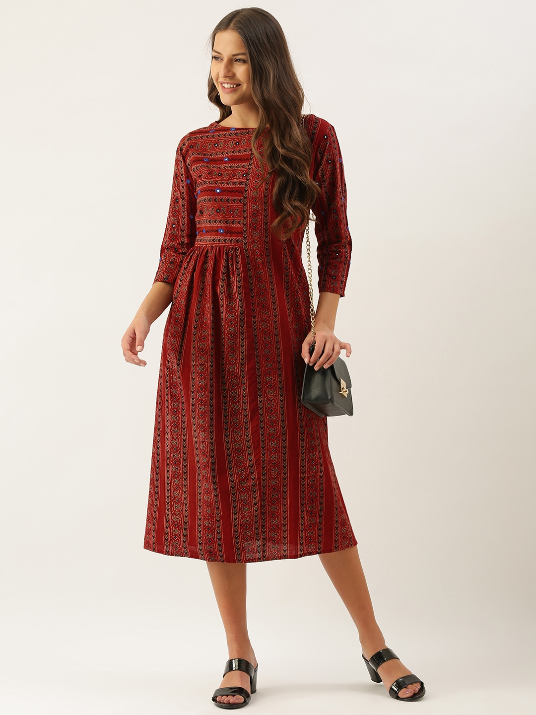 

OKHAI Maroon Pure Cotton Printed A-Line Midi Dress