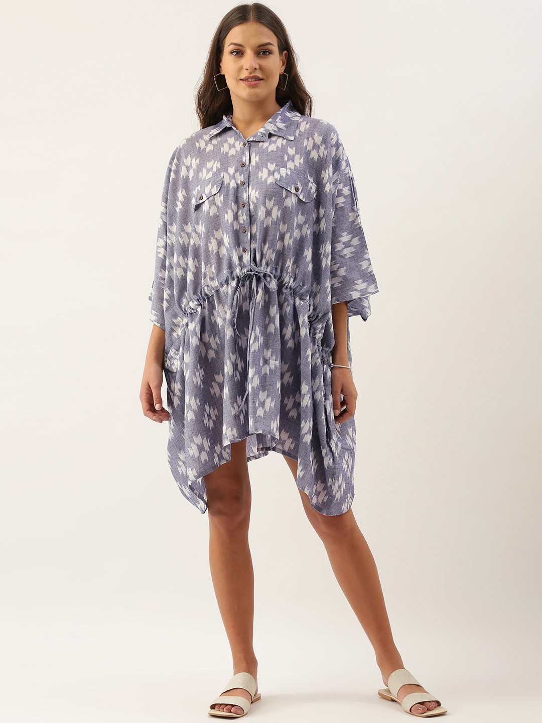 

OKHAI Grey & Off White Pure Cotton Kaftan Shirt Dress