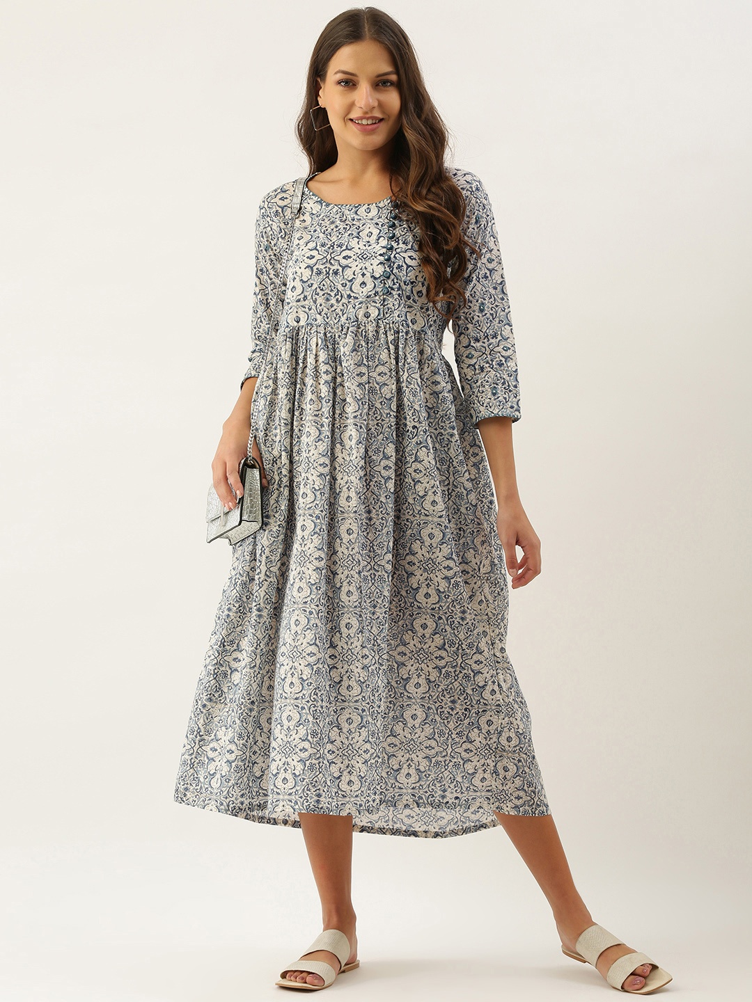 

OKHAI White & Blue Pure Cotton Handblock Print A-Line Midi Dress