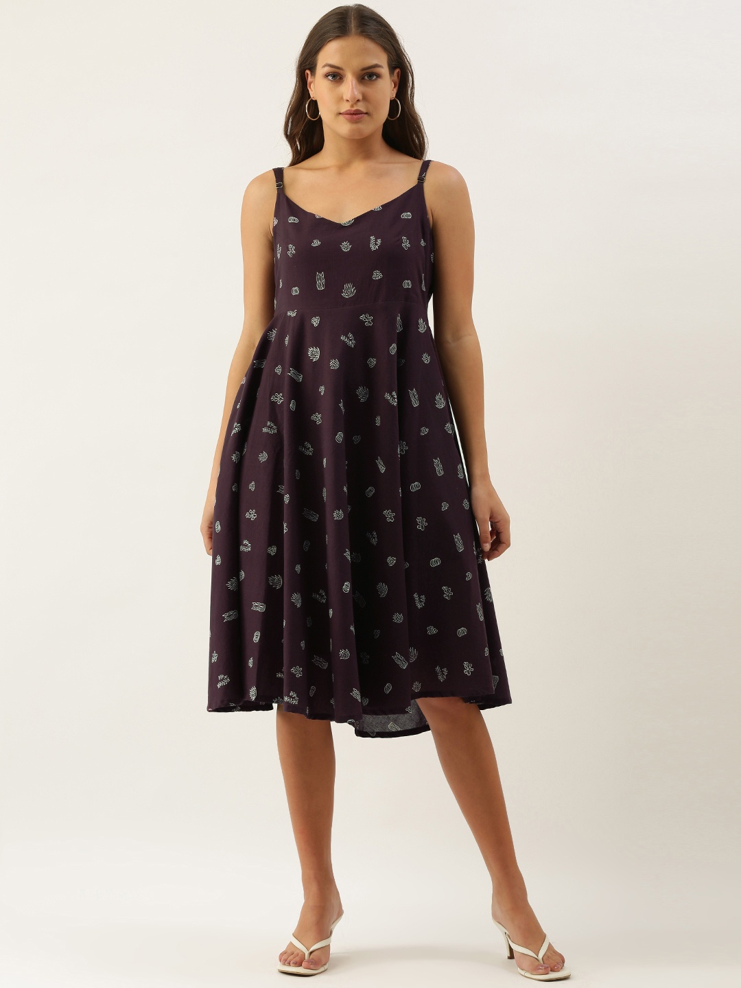 

OKHAI Burgundy Pure Cotton Handblock Print A-Line Midi Dress