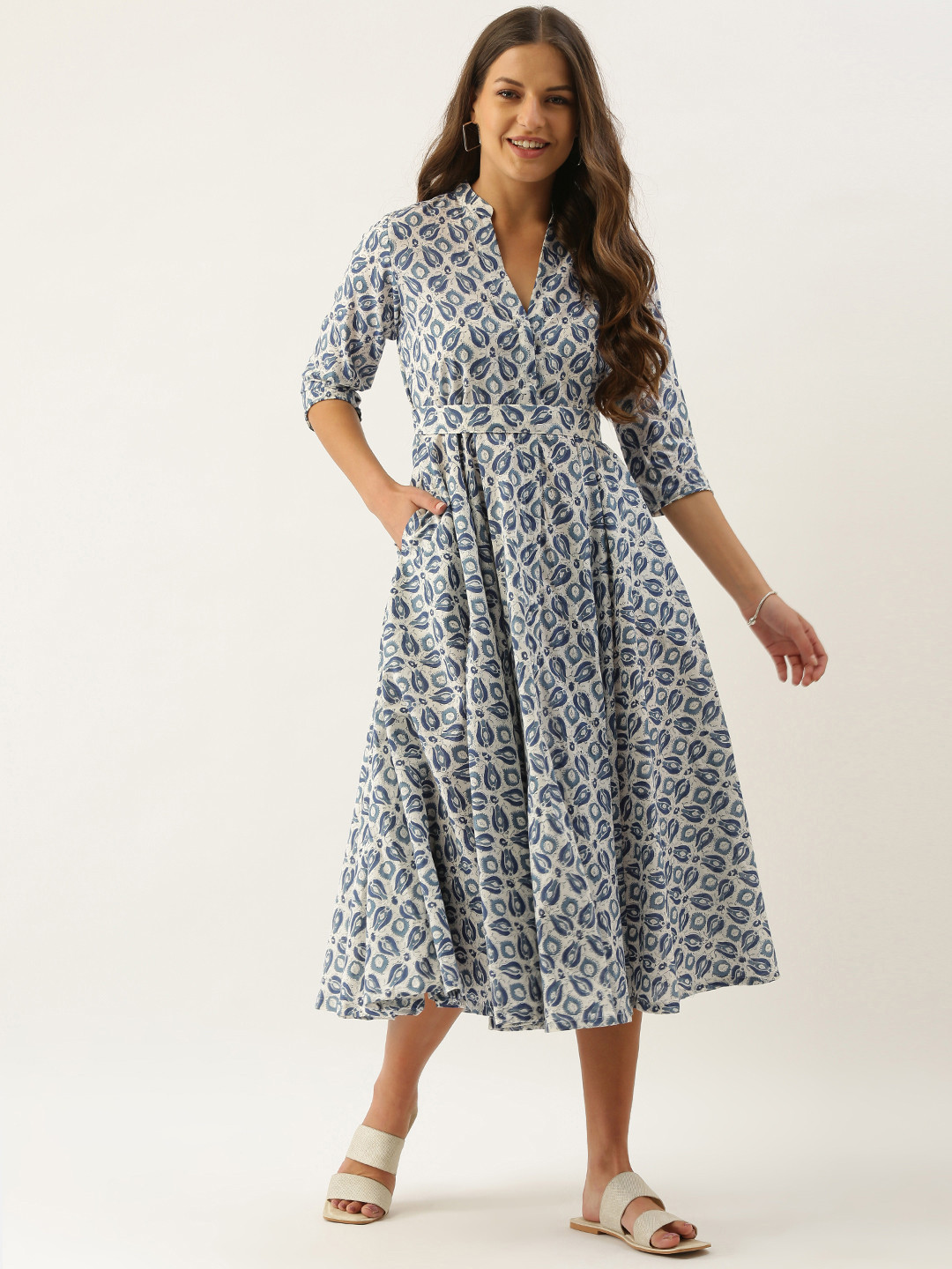 

OKHAI White & Blue Pure Cotton Handblock Print A-Line Midi Dress