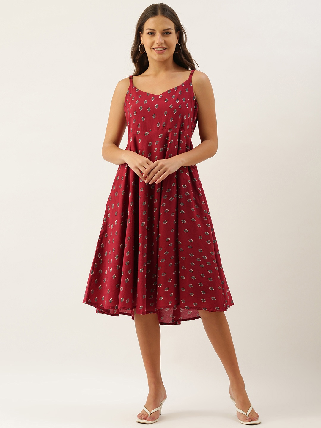 

OKHAI Red & Blue Pure Cotton Handblock Print A-Line Dress