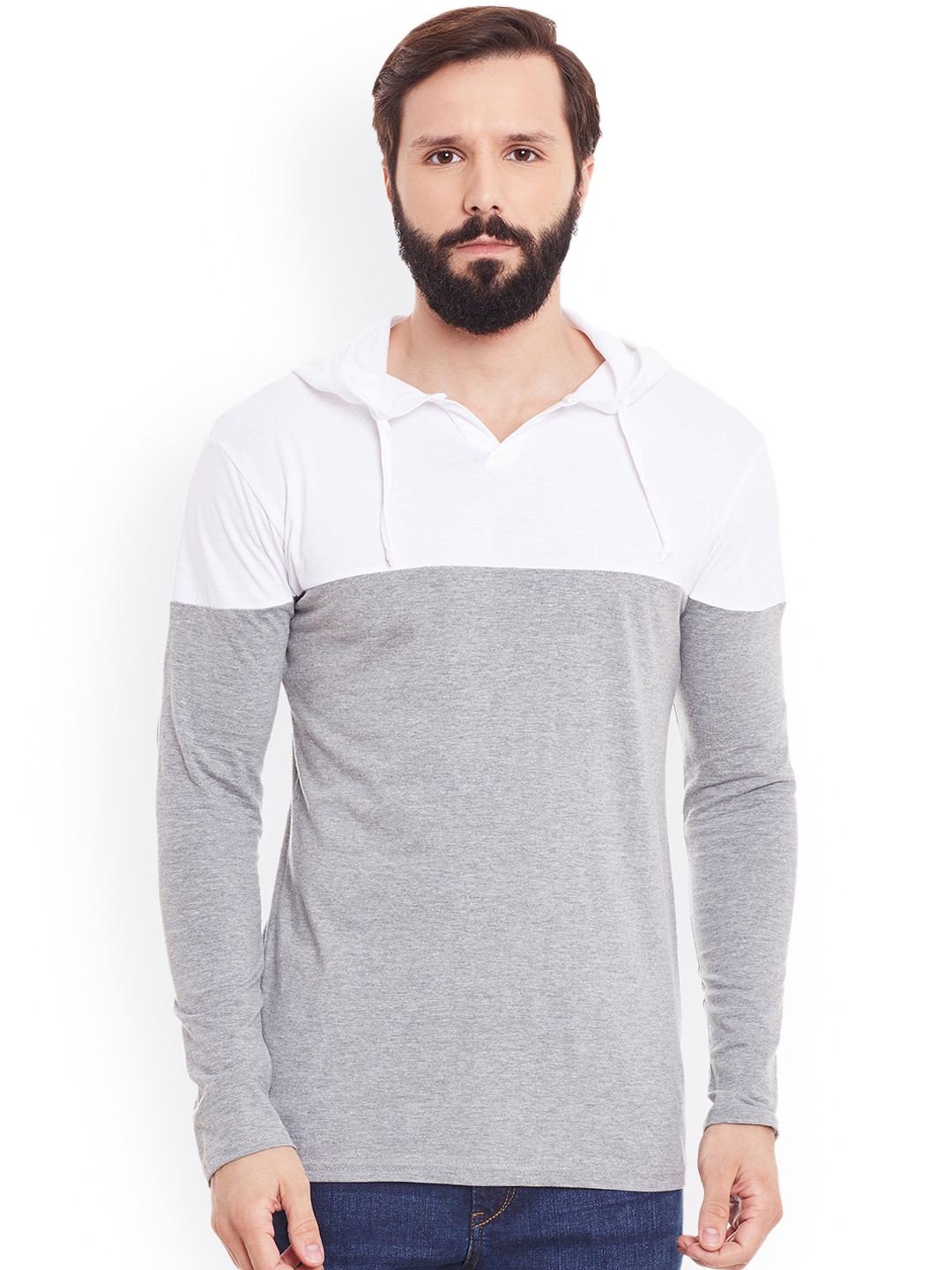 

GRITSTONES Men White & Grey Colourblocked Hooded T-shirt