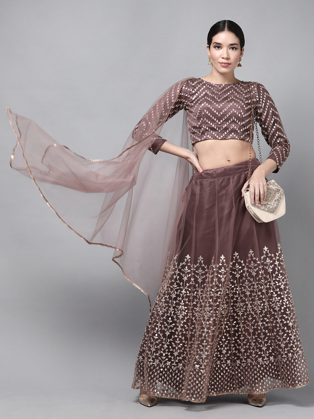

DIVASTRI Brown Semi-Stitched Lehenga & Unstitched Blouse With Dupatta