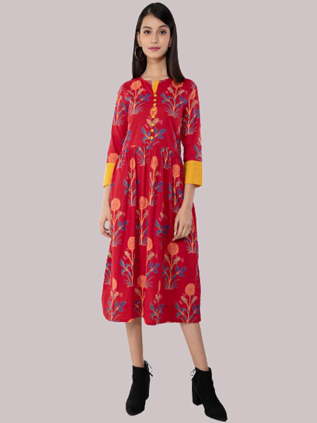 

KALINI Women Red & Yellow Ethnic Motifs Printed Floral Cotton A-line Kurta