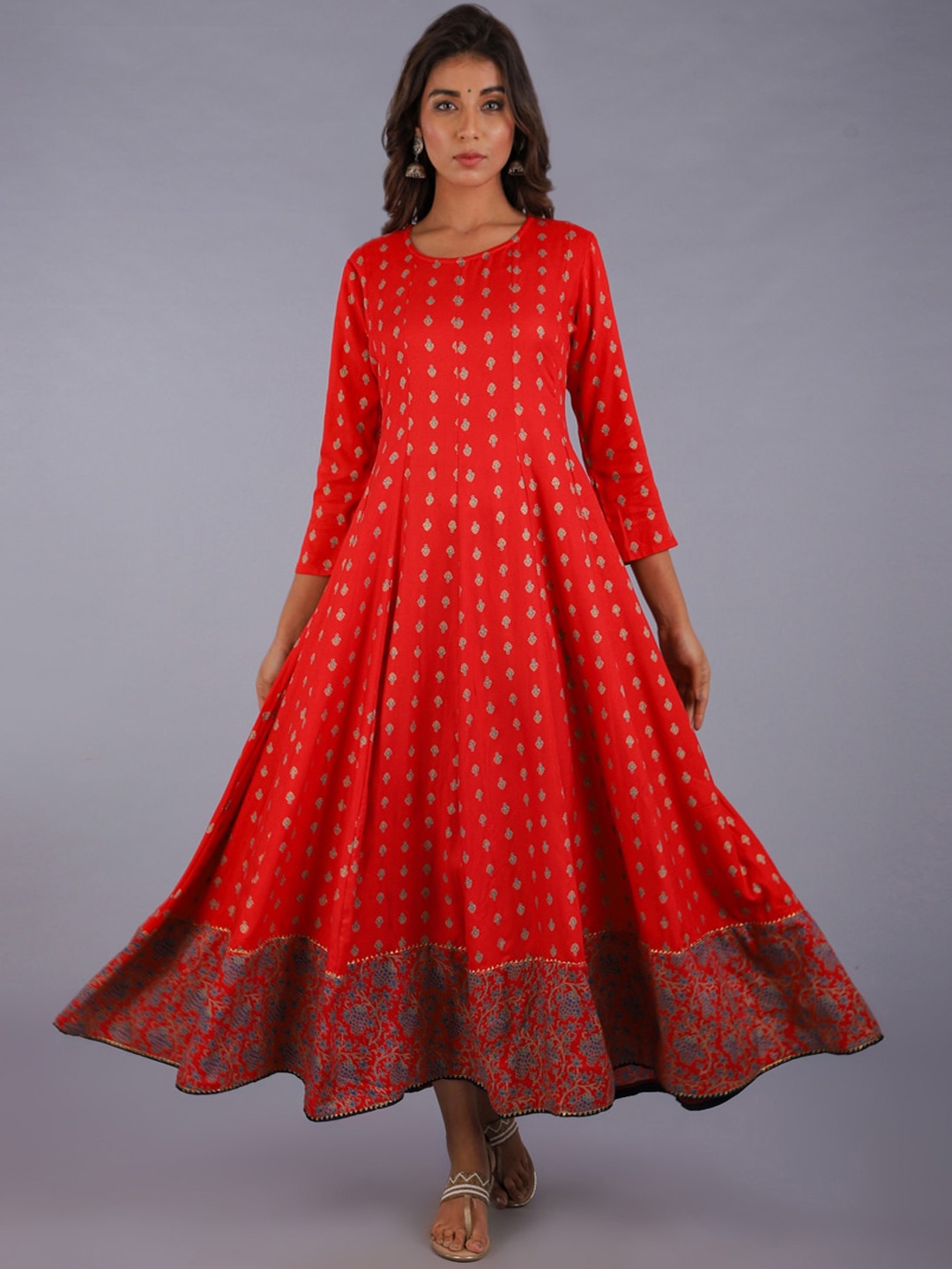 

KALINI Women Red Quirky Printed Cold-Shoulder Sleeves Gotta Patti Anarkali Kurta