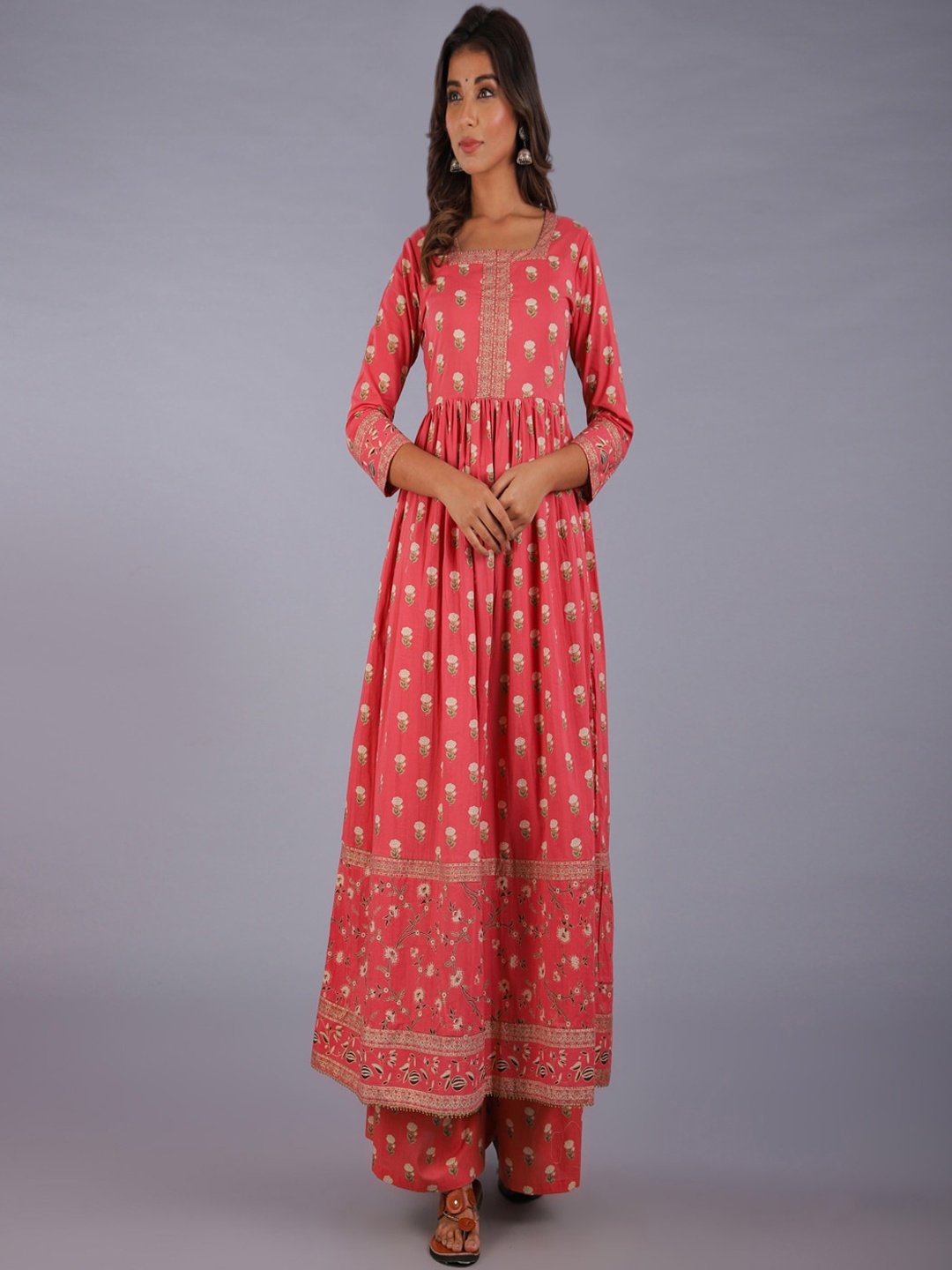 

KALINI Women Orange Printed Thread Work Anarkali Kurta