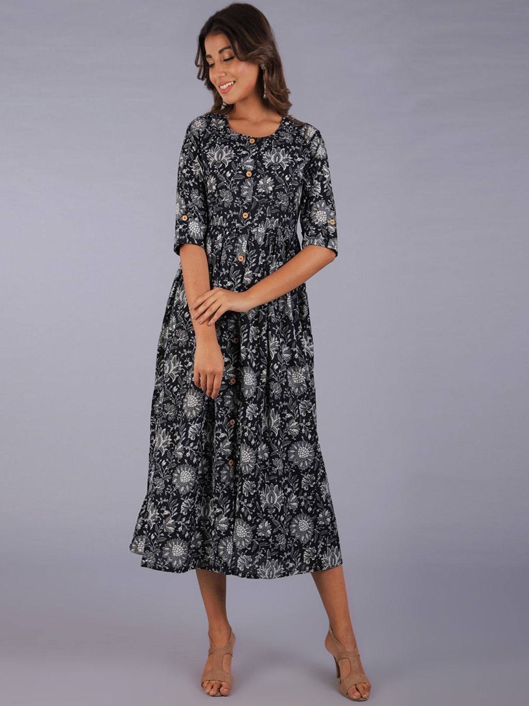 

KALINI Black & White Ethnic Motifs Ethnic A-Line Midi Dress