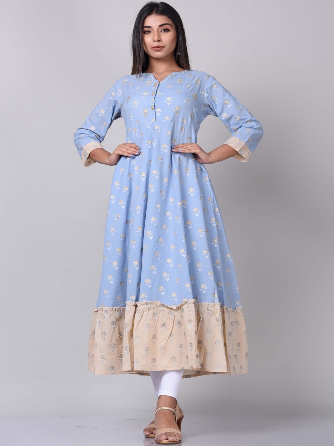 

KALINI Women Blue & Beige Floral Printed Floral Cotton Anarkali Kurta