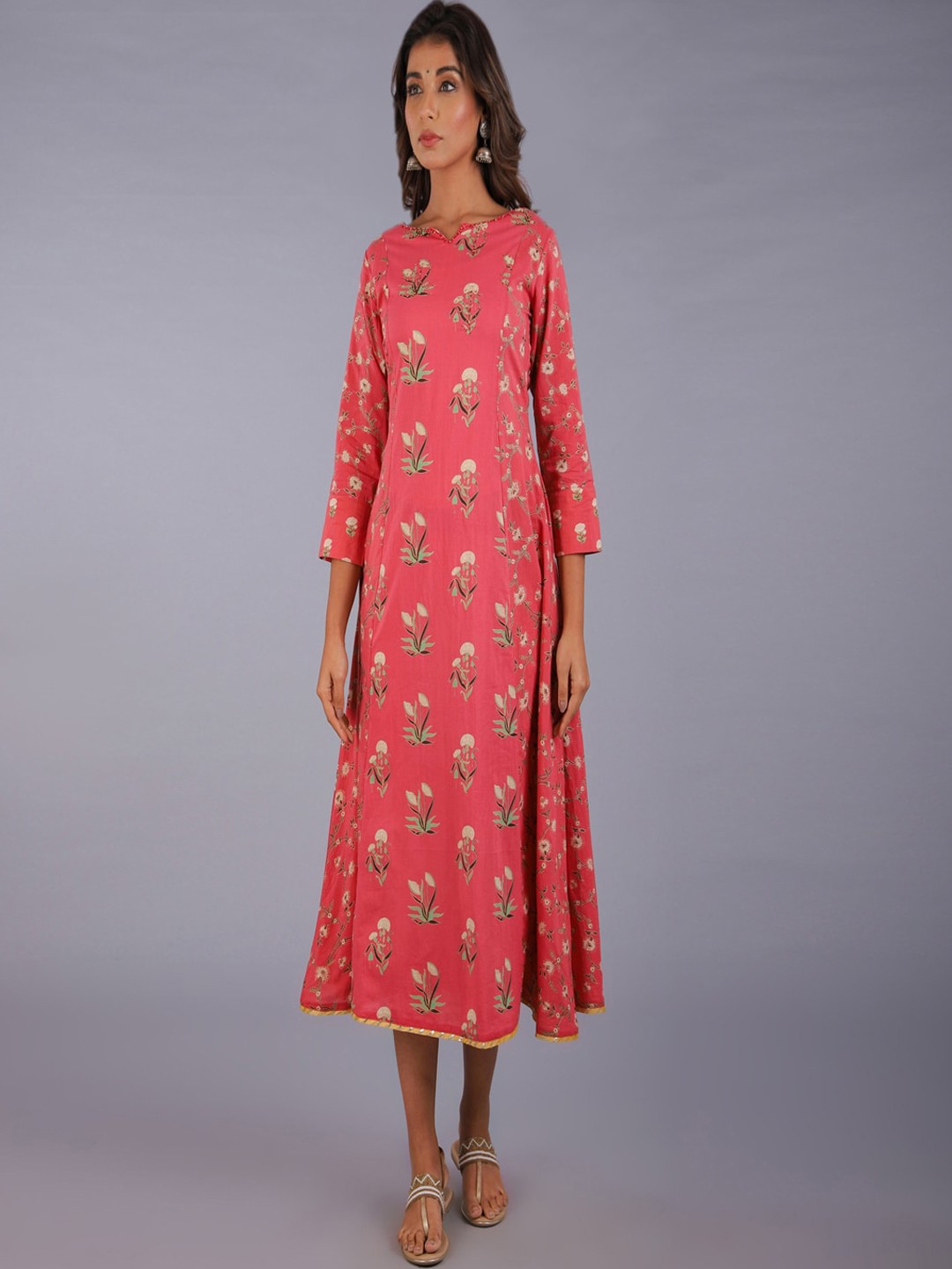 

KALINI Women Orange Floral Printed Thread Work Kurta