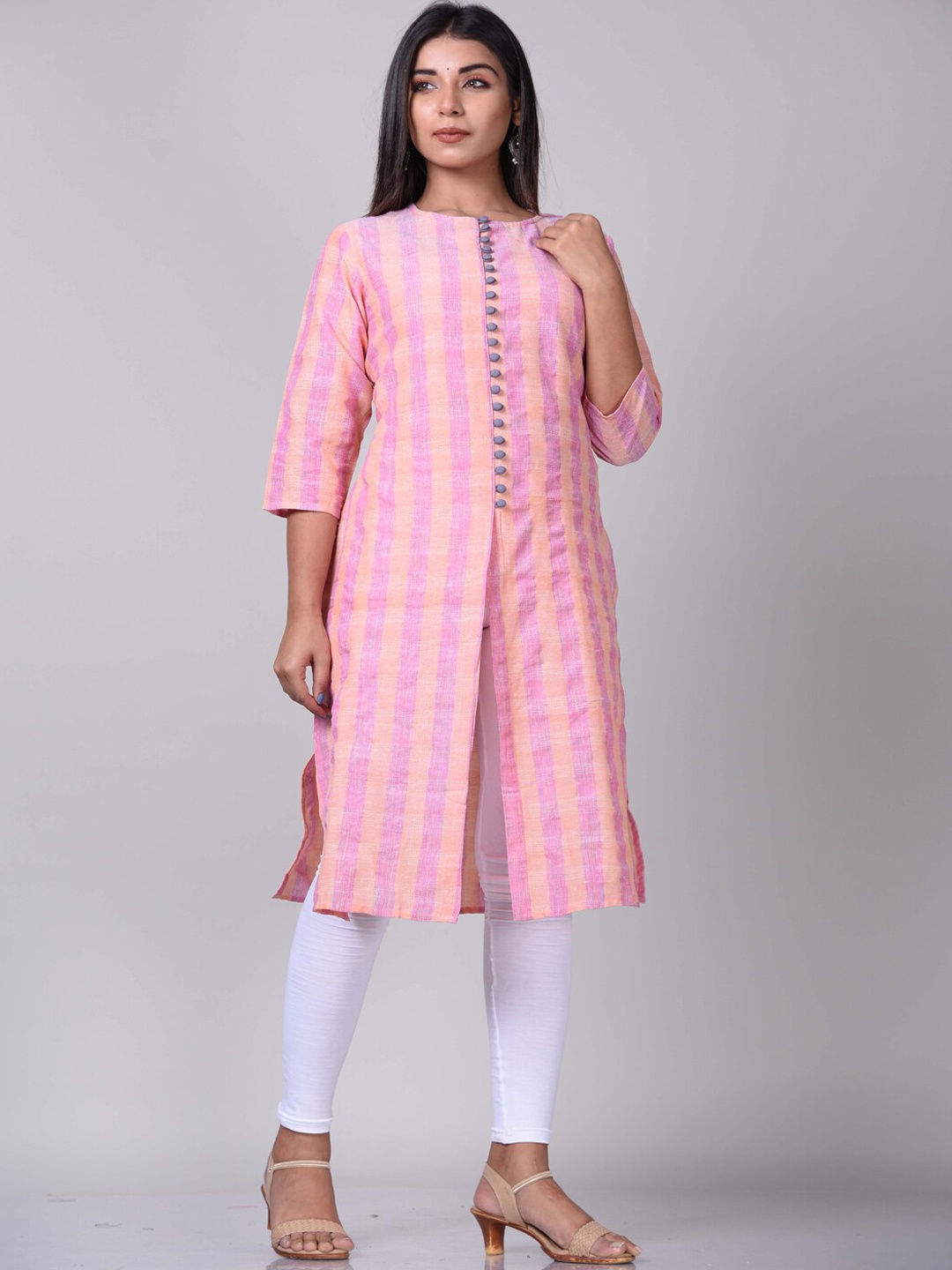 

KALINI Women Pink & White Striped Straight Cotton Kurta