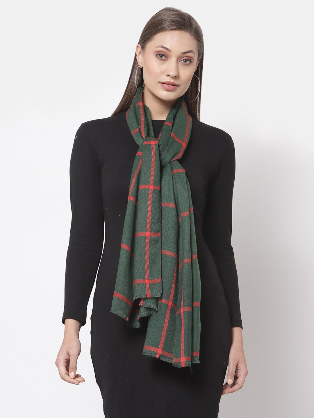 

Calvadoss Women Green & Red Checked Woolen Stole