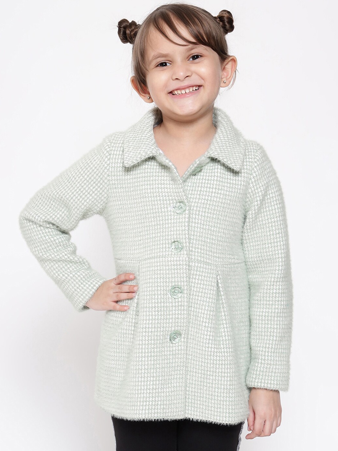 

Nauti Nati Girls Green & White Self Design Pure Cotton Overcoat