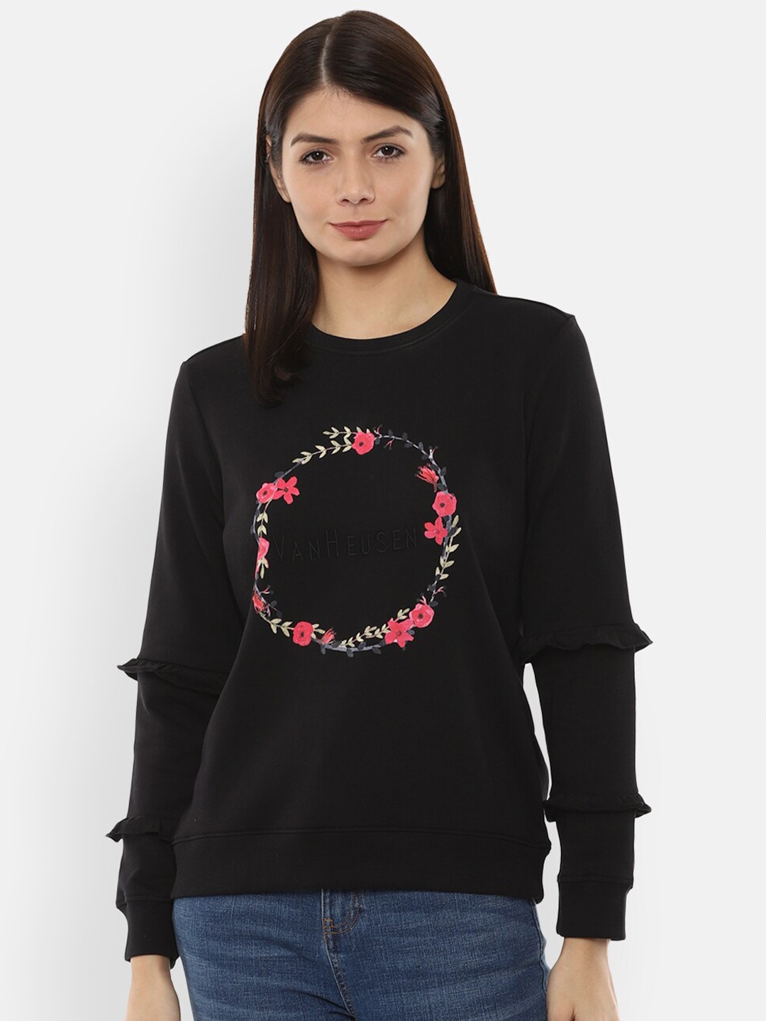 

Van Heusen Woman Women Black Floral Printed Sweatshirt with Ruffle Detail