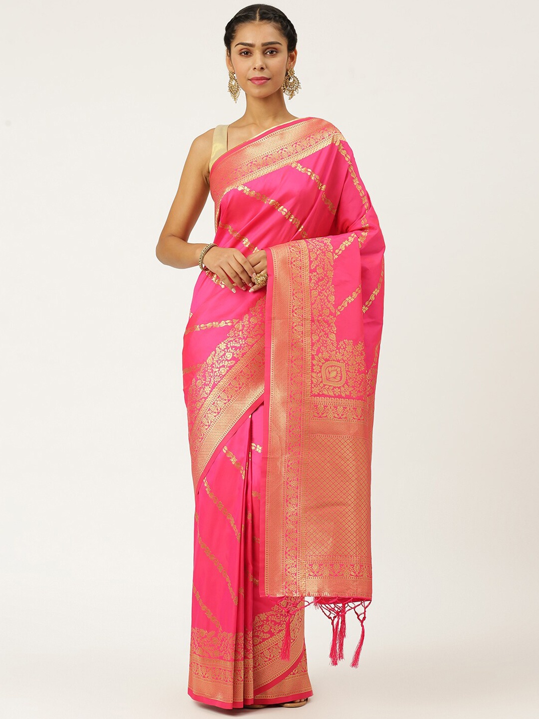 

KARAGIRI Pink & Gold-Toned Woven Design Zari Silk Blend Patola Saree
