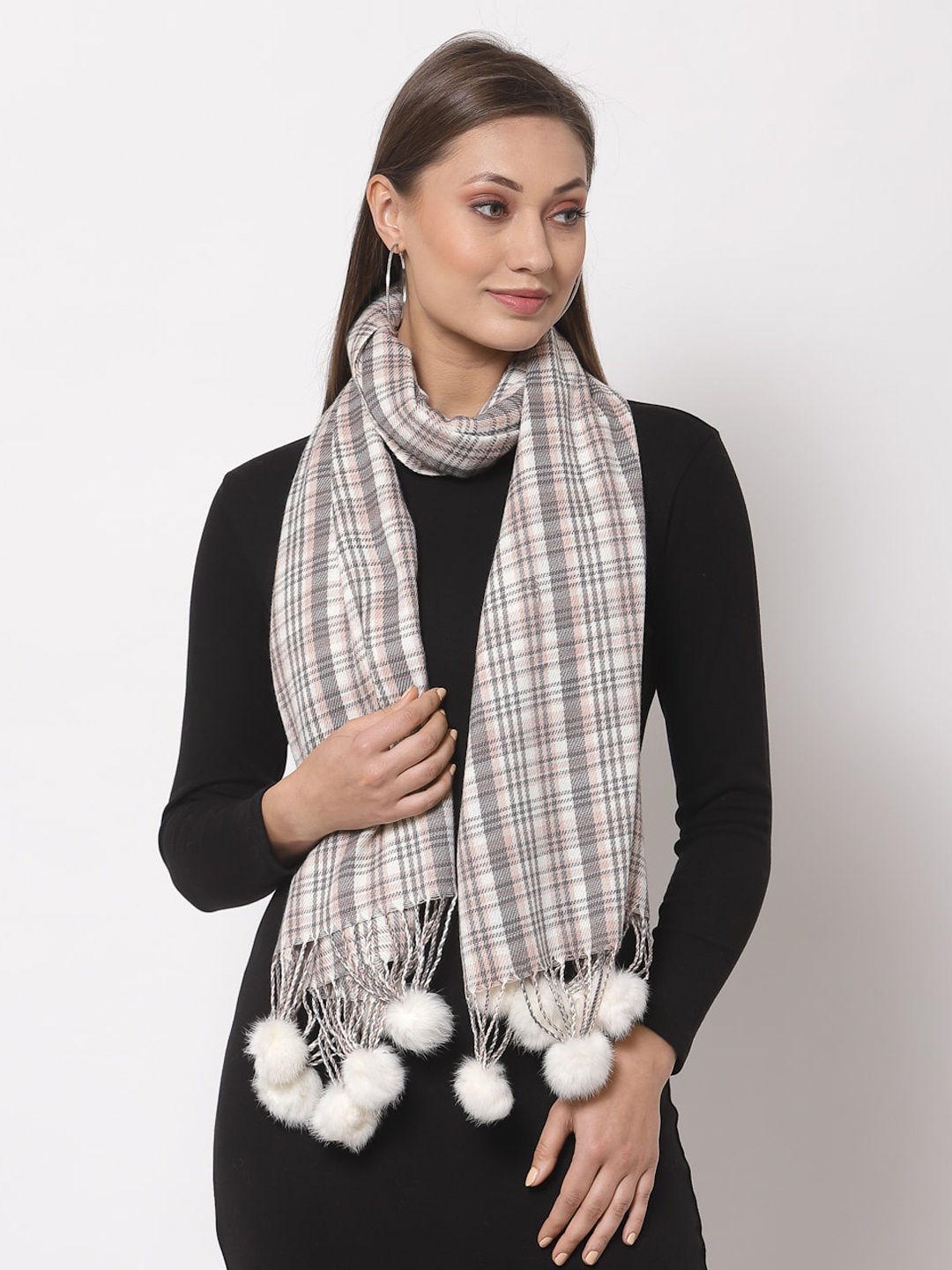 

Calvadoss Women White & Charcoal Grey Checked Long-Fit Woolen Muffler