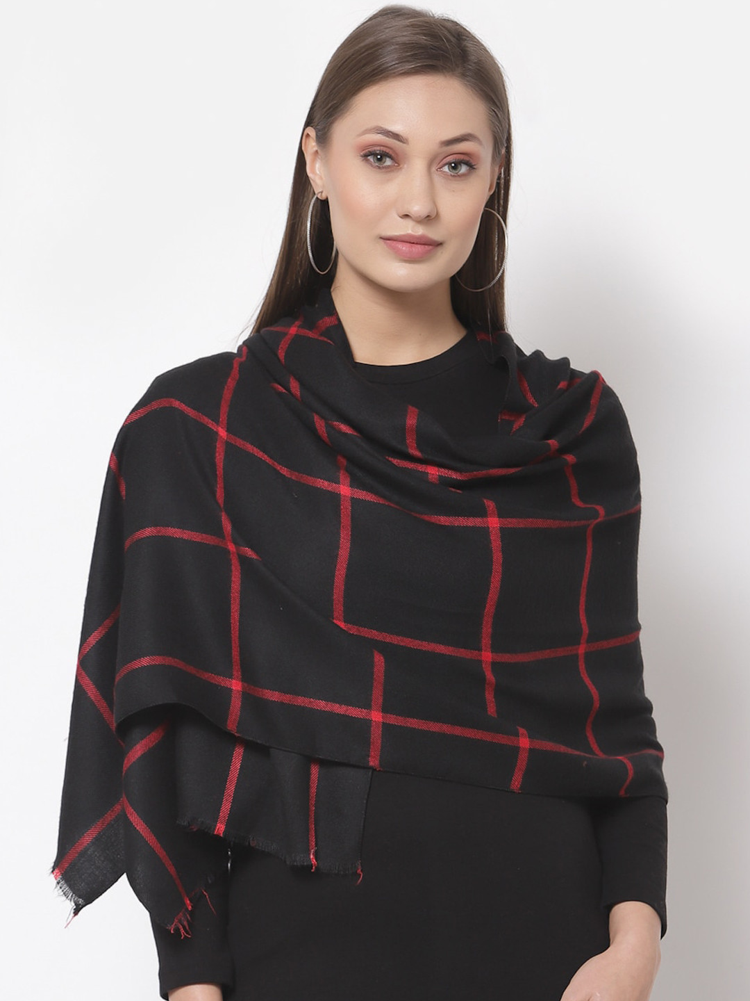 

Calvadoss Women Black & Red Checked Long Fit Woolen Muffler