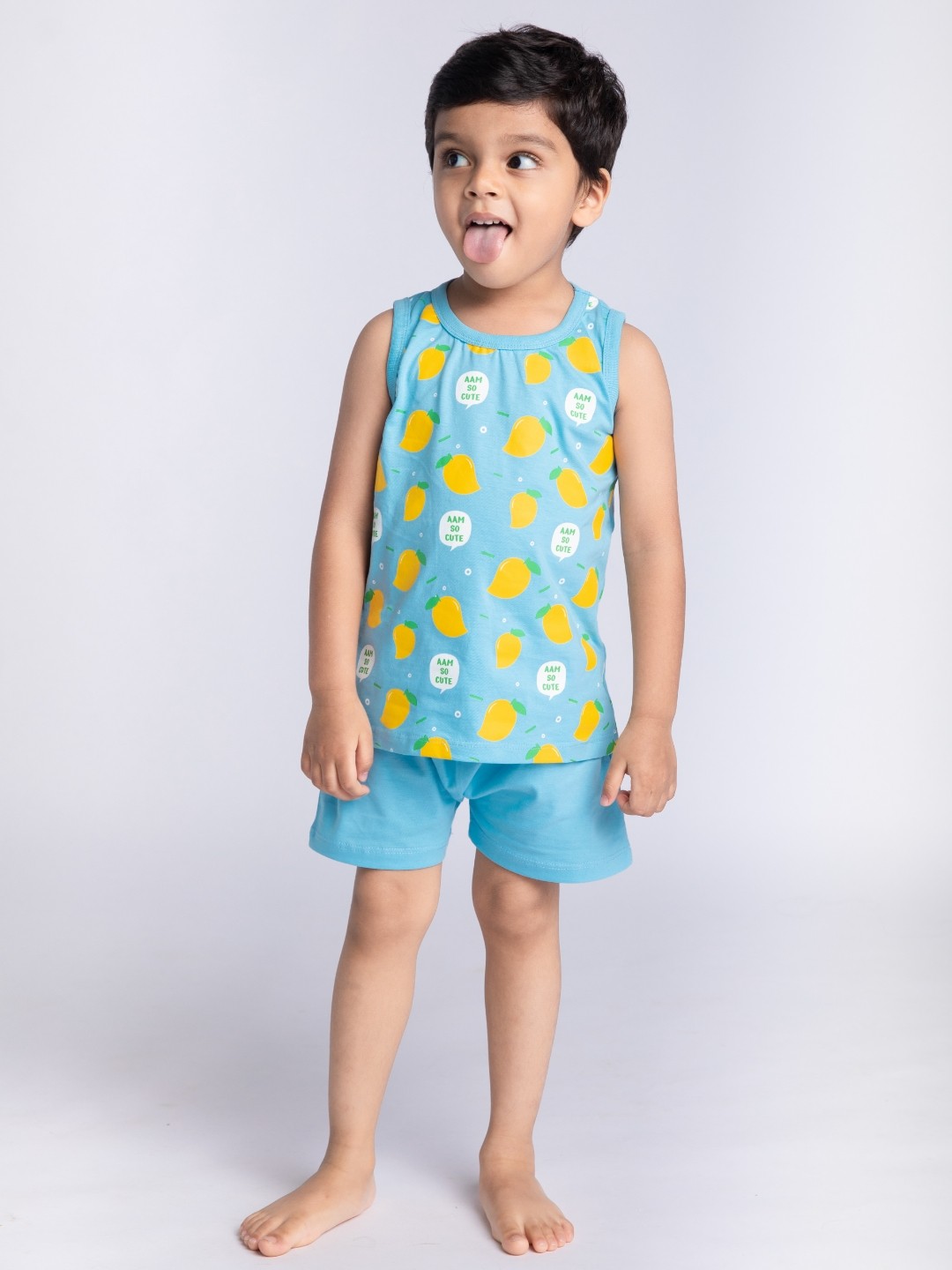 

Cuddles for Cubs Kids Blue & Orange Mango Printed Pure Cotton Top With Shorts