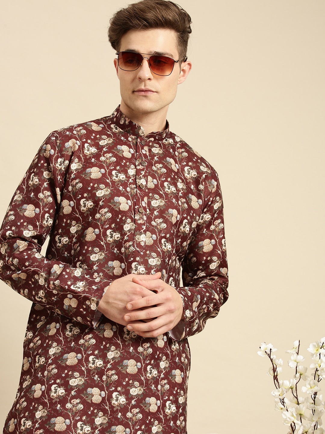 Sanwara Men Red Floral Printed Floral Straight Kurta