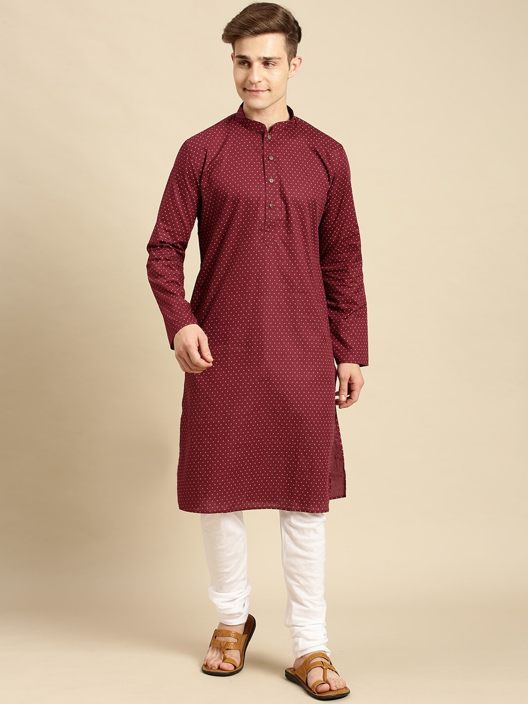 

Sanwara Men Maroon & Beige Geometric Printed Cotton Straight Kurta