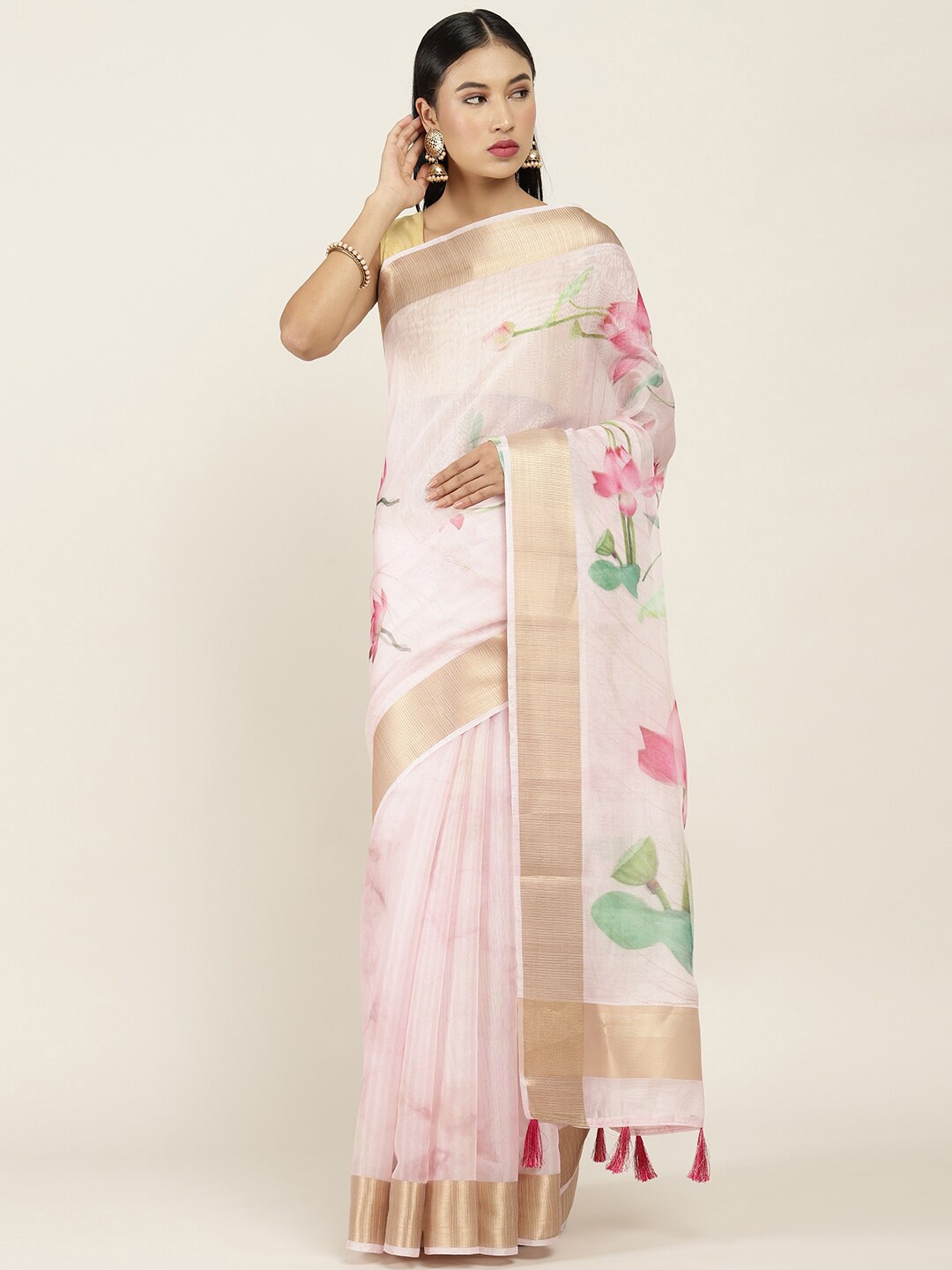 

Soch White & Gold-Toned Floral Printed Zari Border Silk Blend Saree