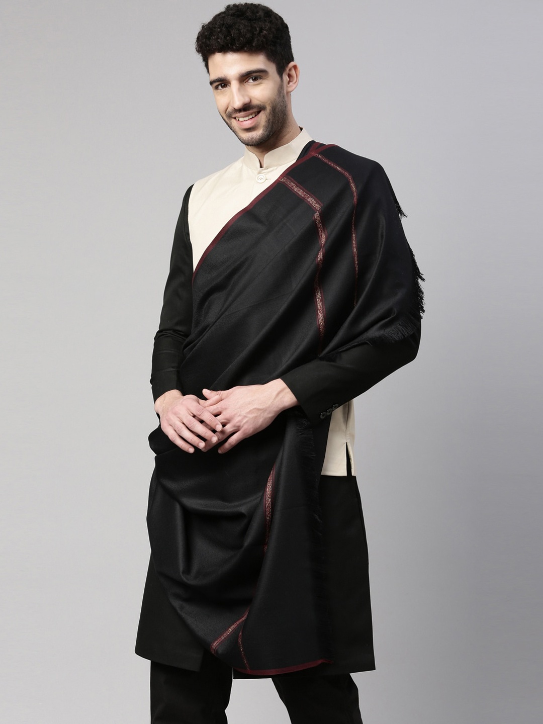 

Pashmoda Men Black Woolen Woven Design Shawl