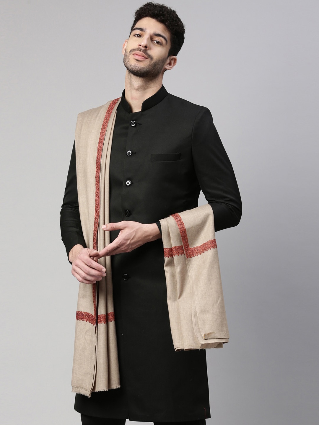 

Pashmoda Men Beige Embroidered Wool Shawl