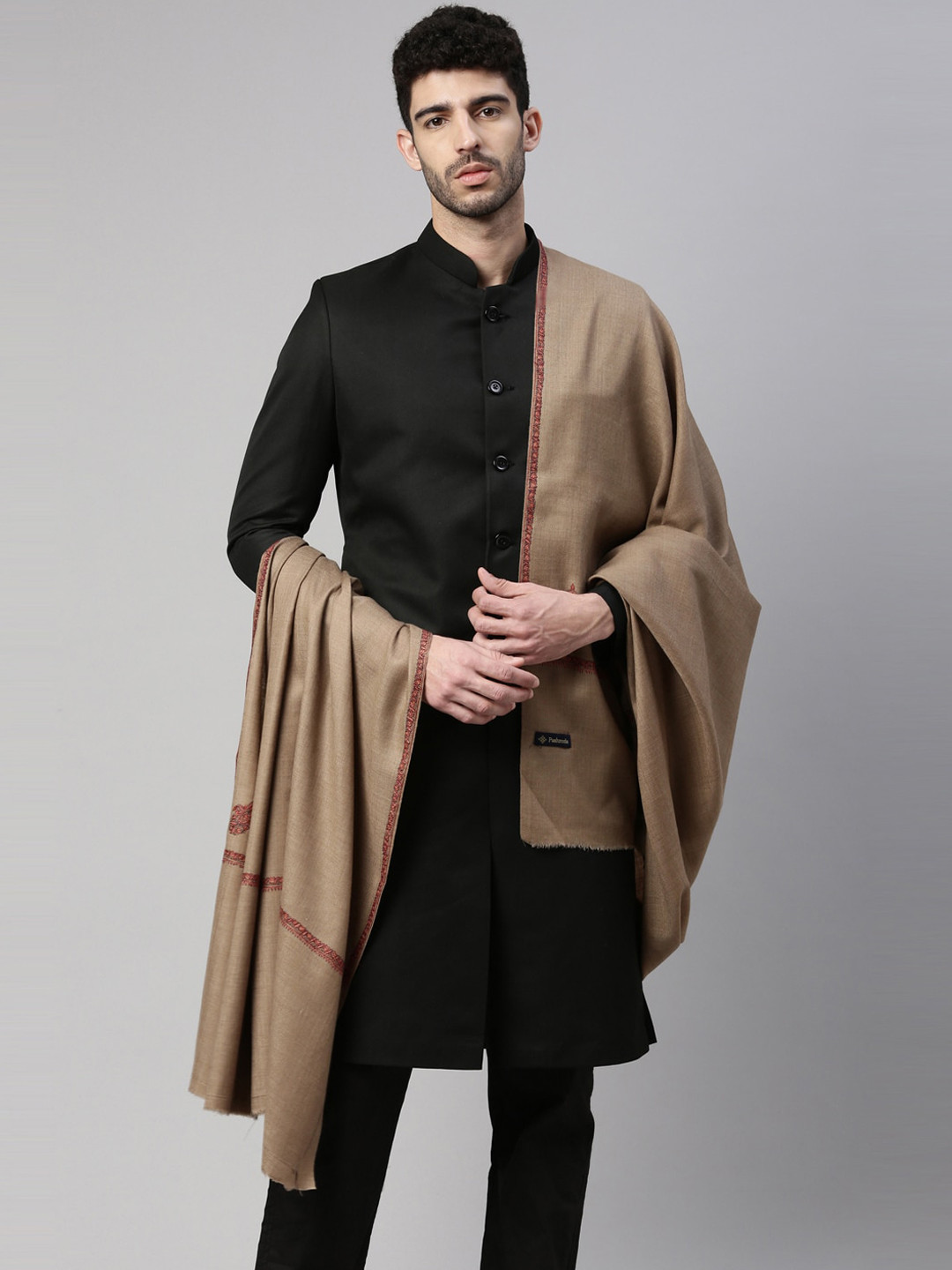

Pashmoda Men Beige Embroidered Woollen Shawl