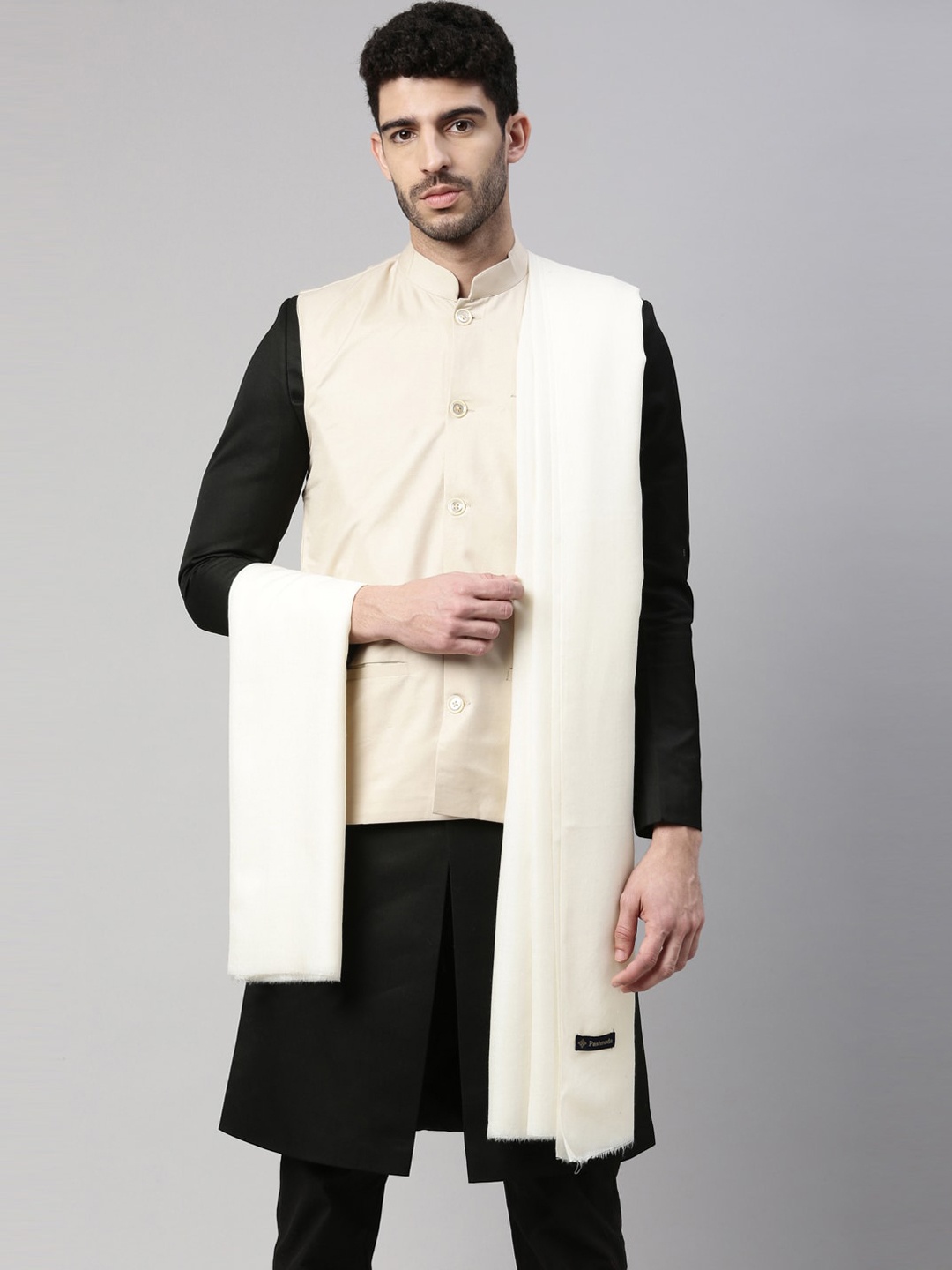 

Pashmoda Men White Solid Woolen Shawl
