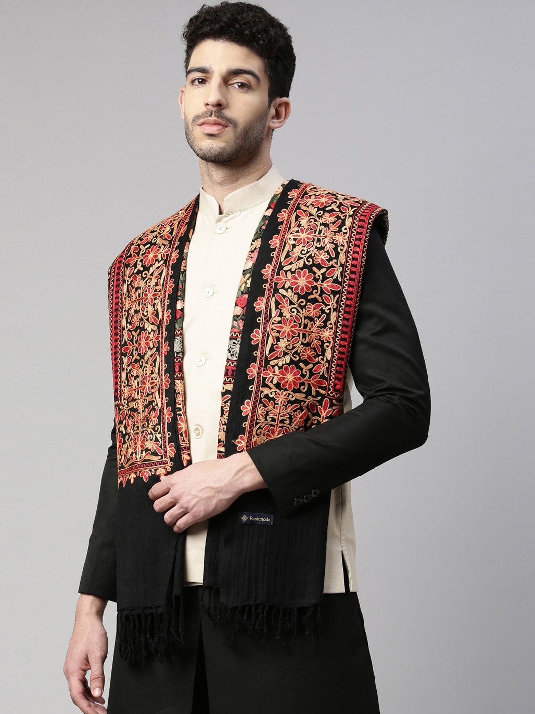 

Pashmoda Men Black Embroidered Pure Wool Shawl