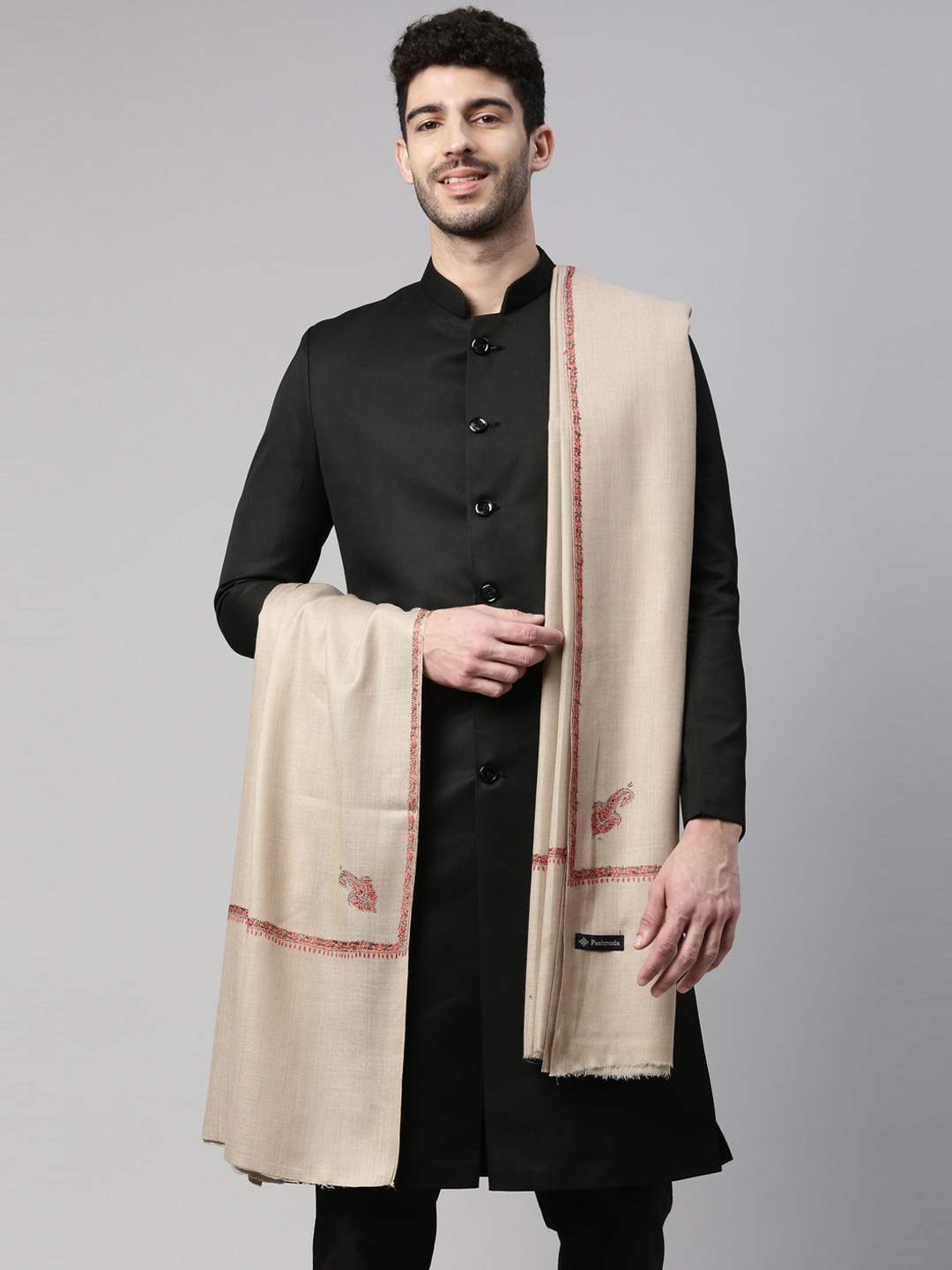 

Pashmoda Men Beige Embroidered Woollen Shawl