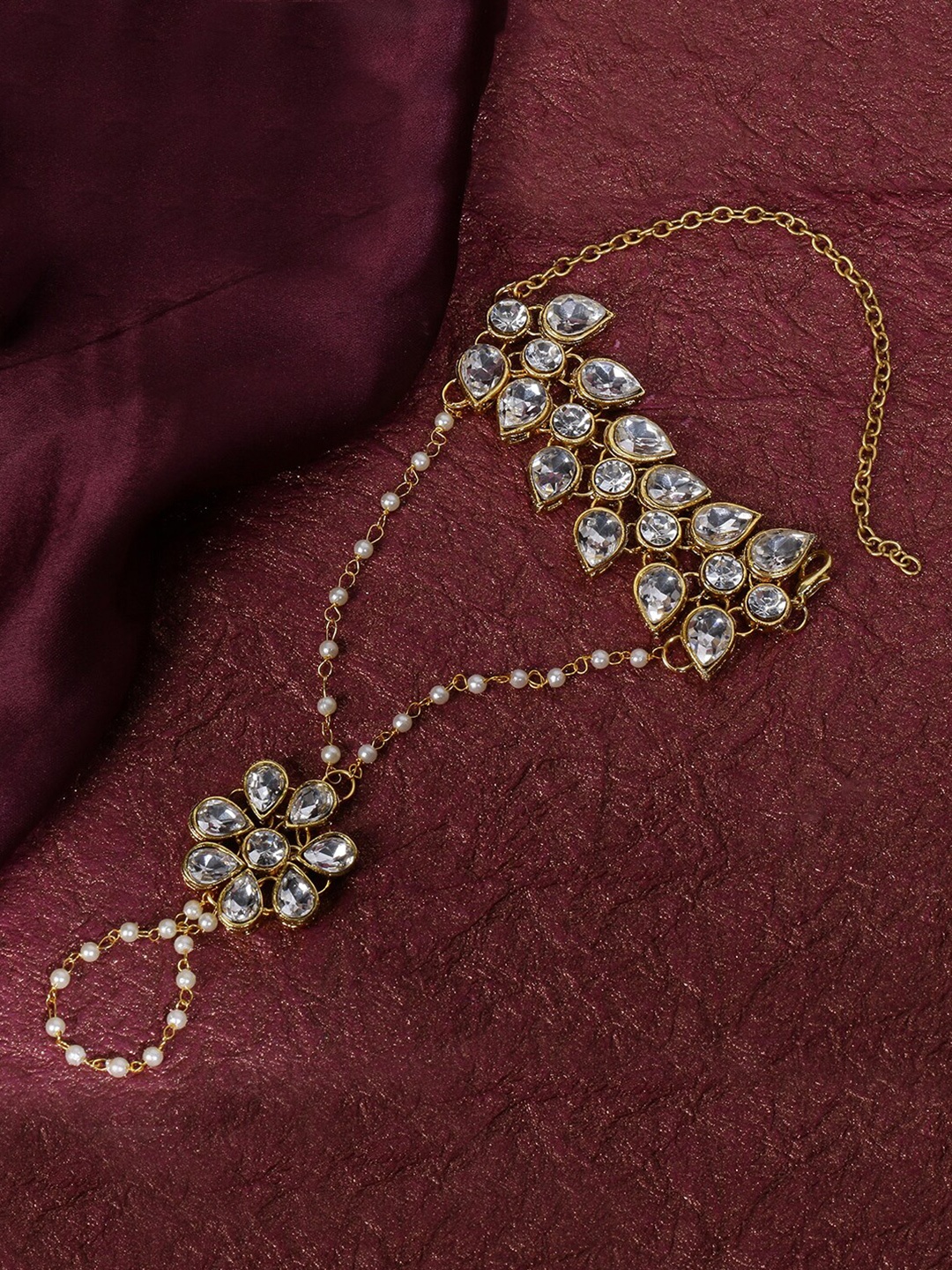 

LIVE EVIL Women Gold-Toned & White Kundan Gold-Plated Ring Bracelet