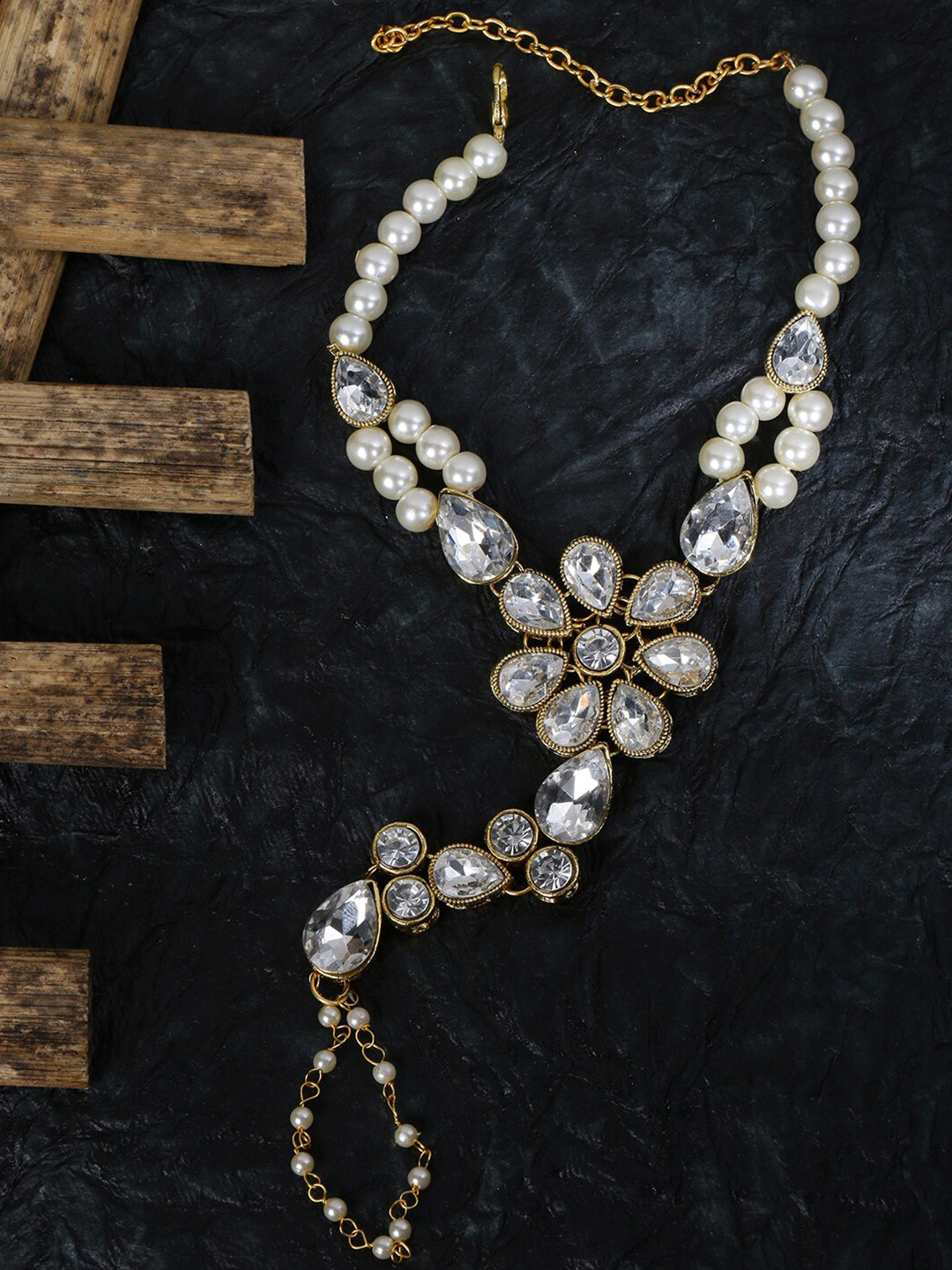 

LIVE EVIL Women Gold-Toned & White Kundan Gold-Plated Ring Bracelet