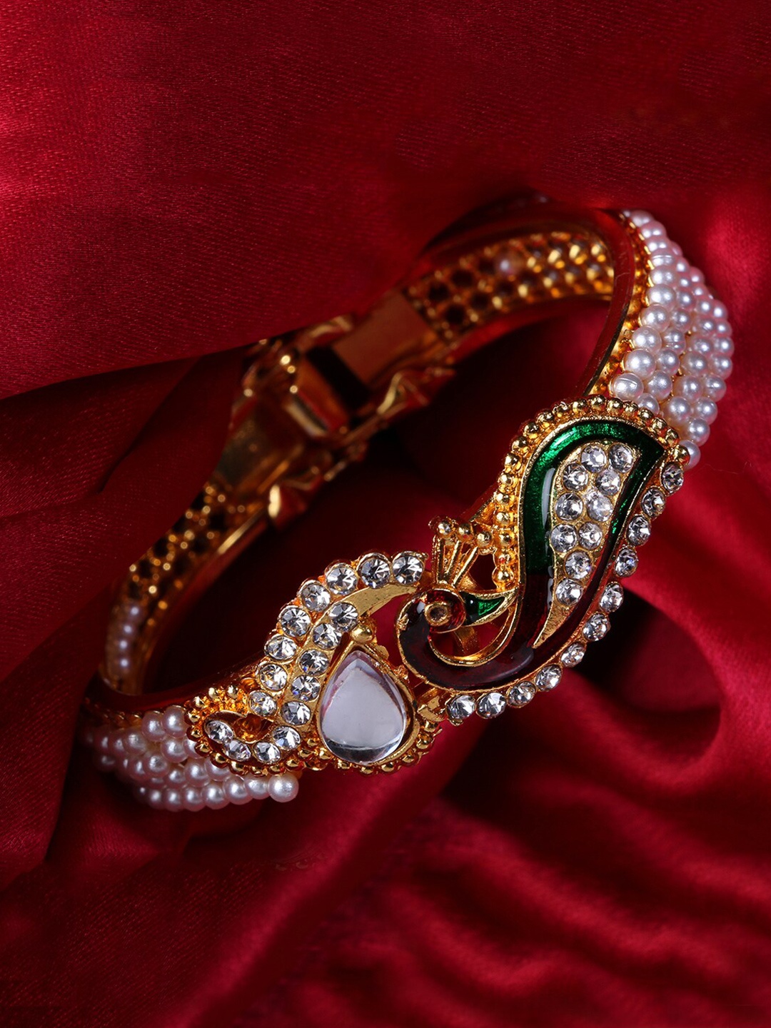 

LIVE EVIL Women White Pearl & Stone Studded Peacock Kada Bangle